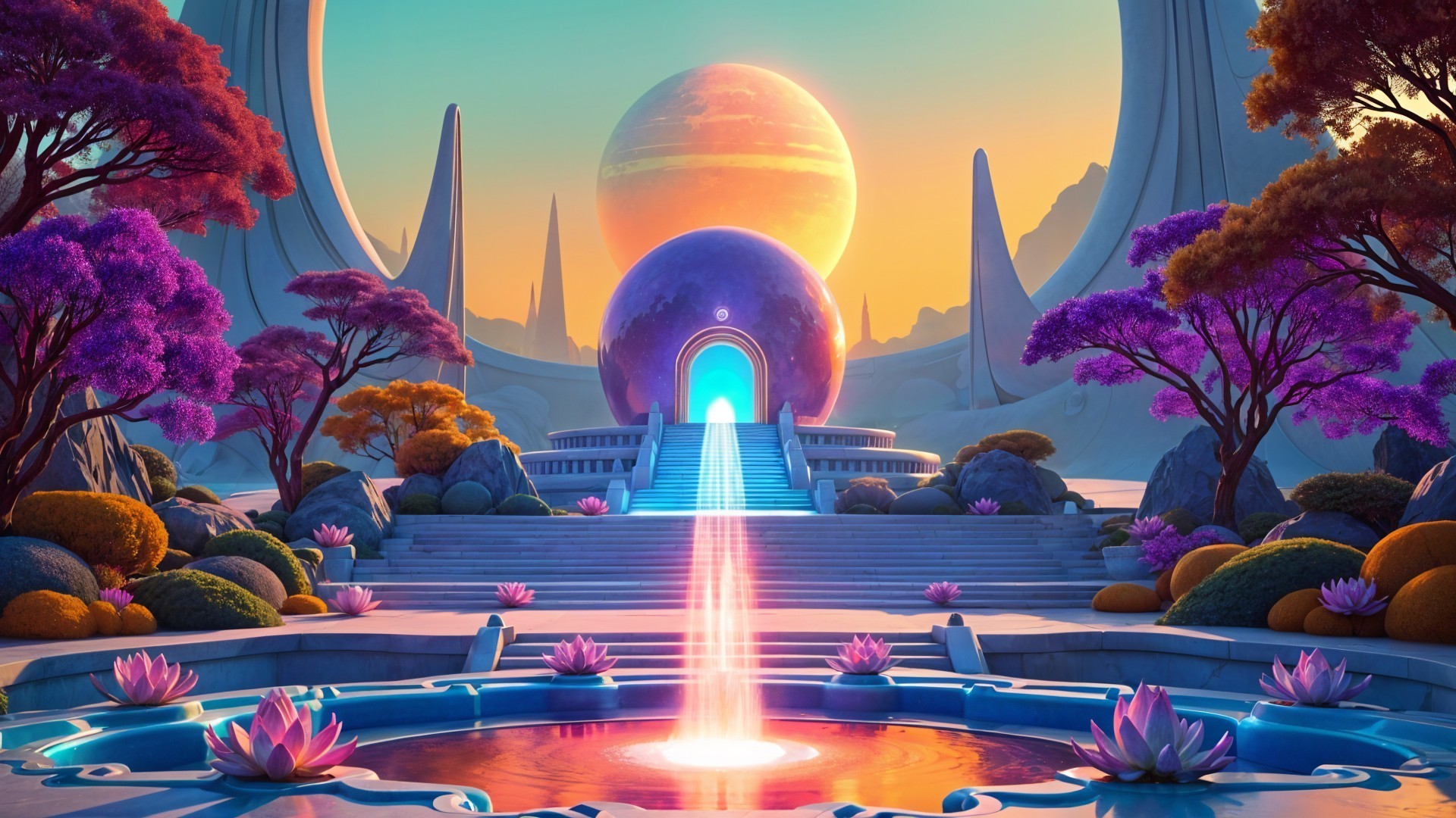 Vibrant Alien Landscape with Majestic Structure and Planets