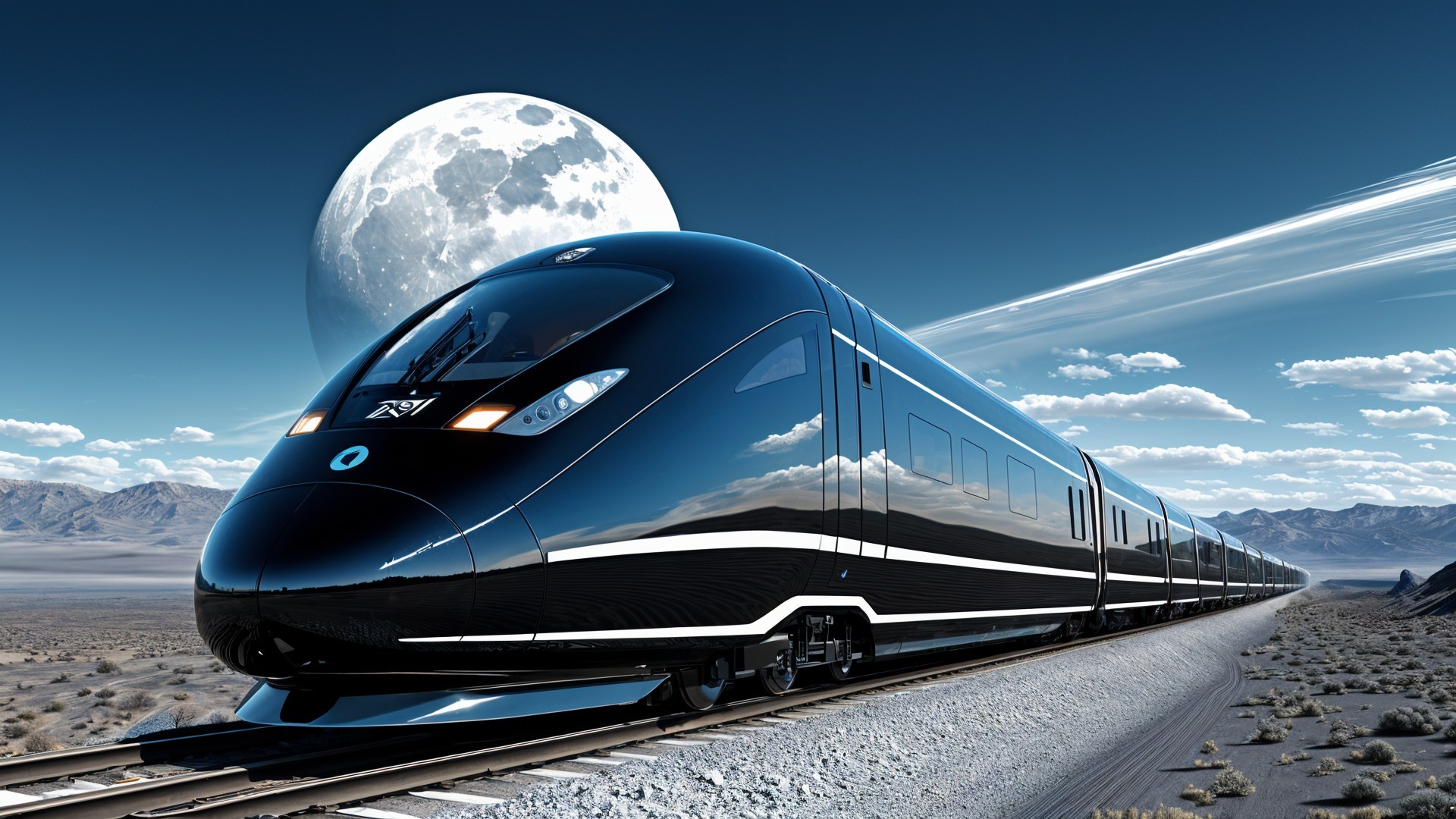 Futuristic black train in a desert landscape at night