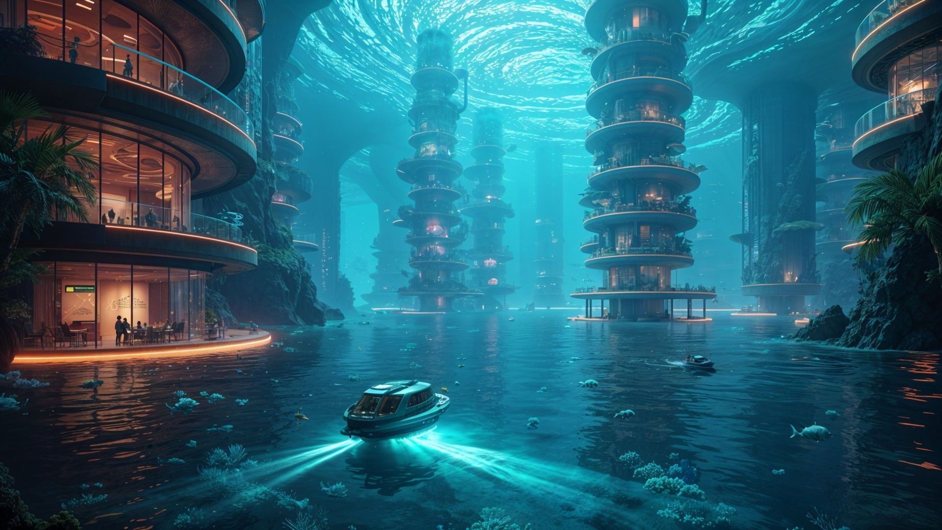 Futuristic Underwater City with Glowing Structures