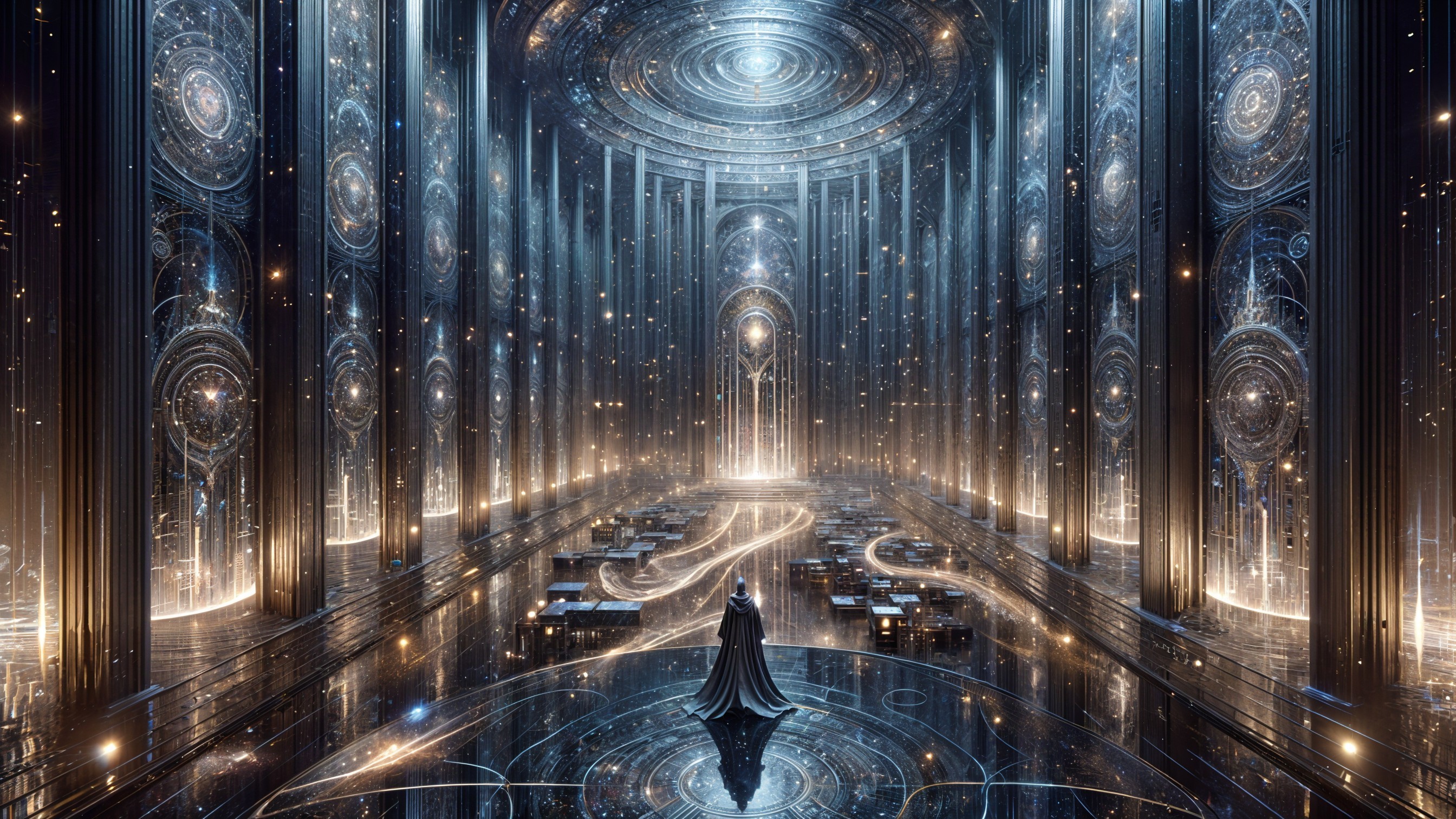 Futuristic hall with cosmic patterns and radiant light