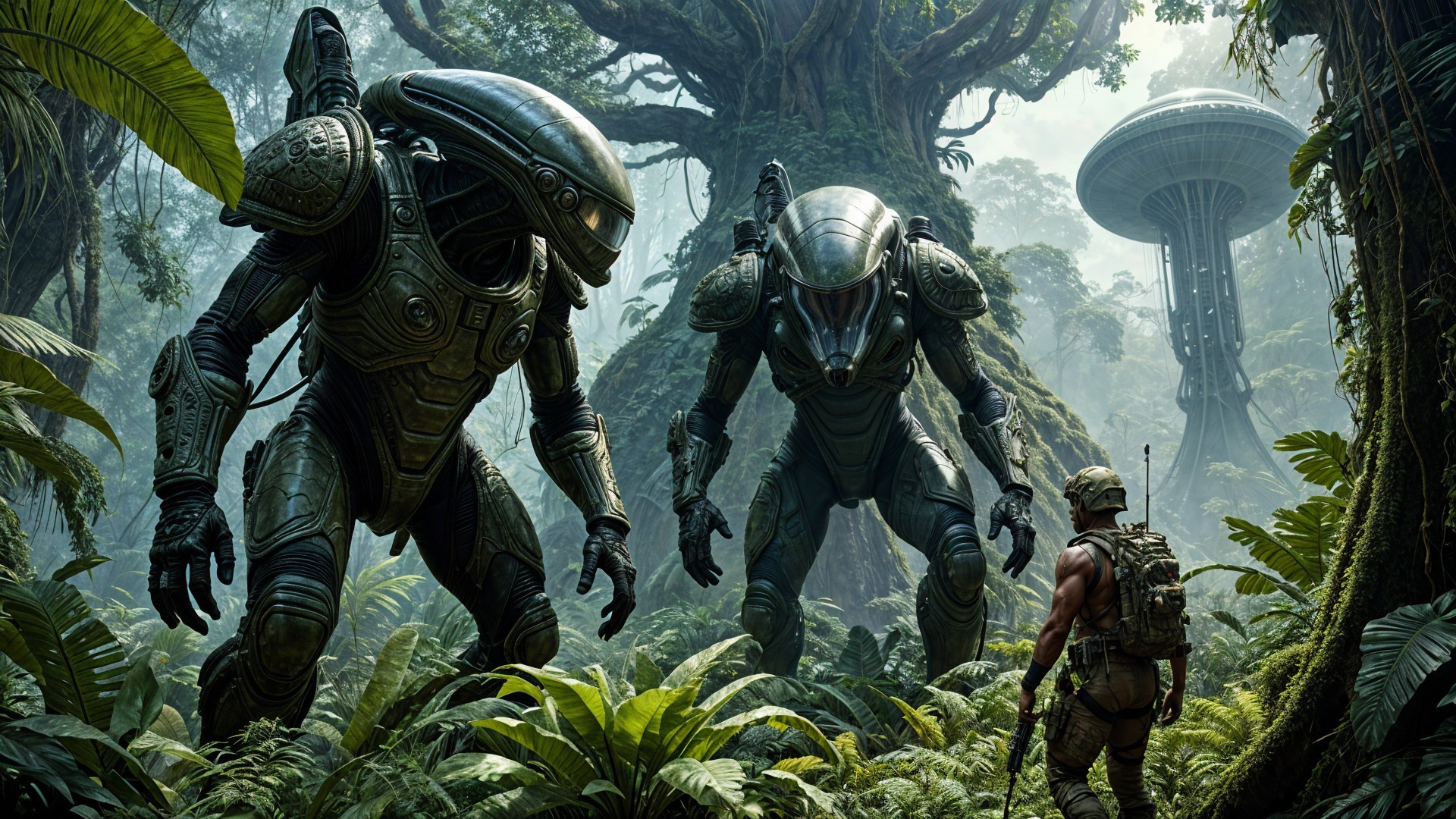 Robotic Figures and Soldier in Lush Jungle Setting