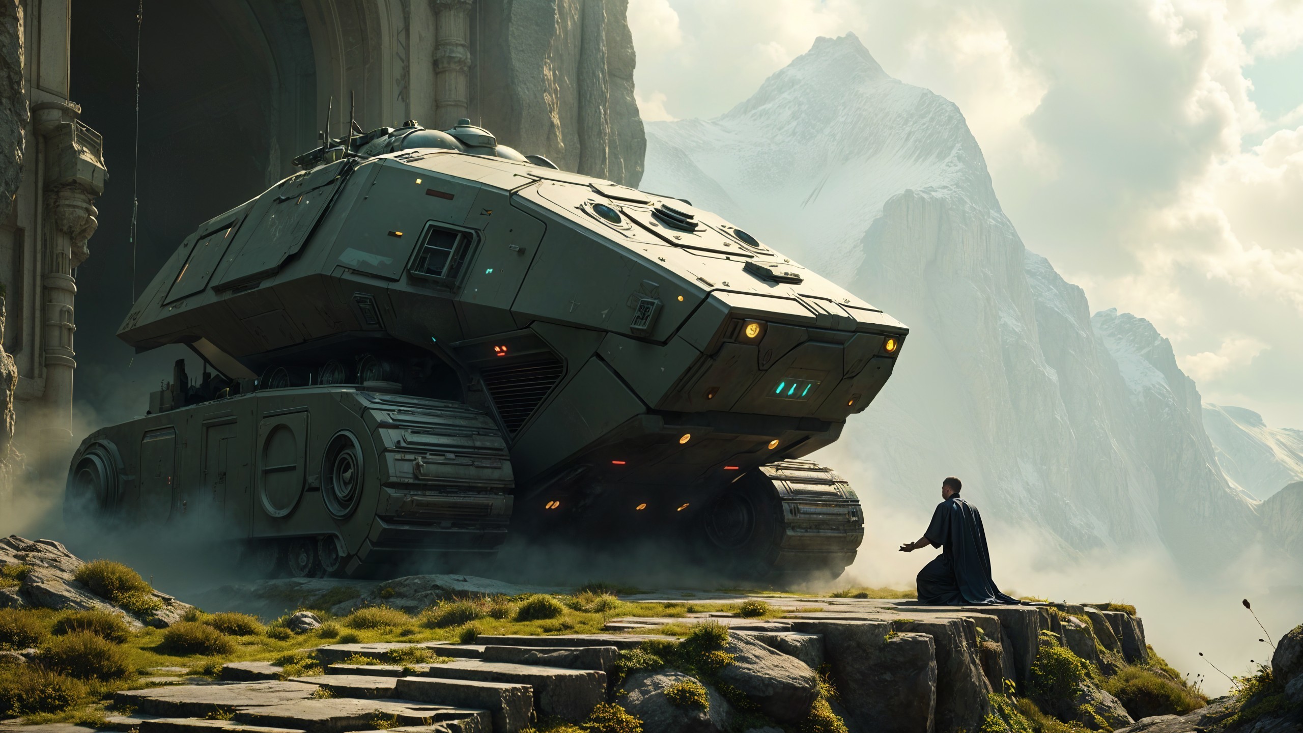 Futuristic tank-like vehicle in mountain landscape