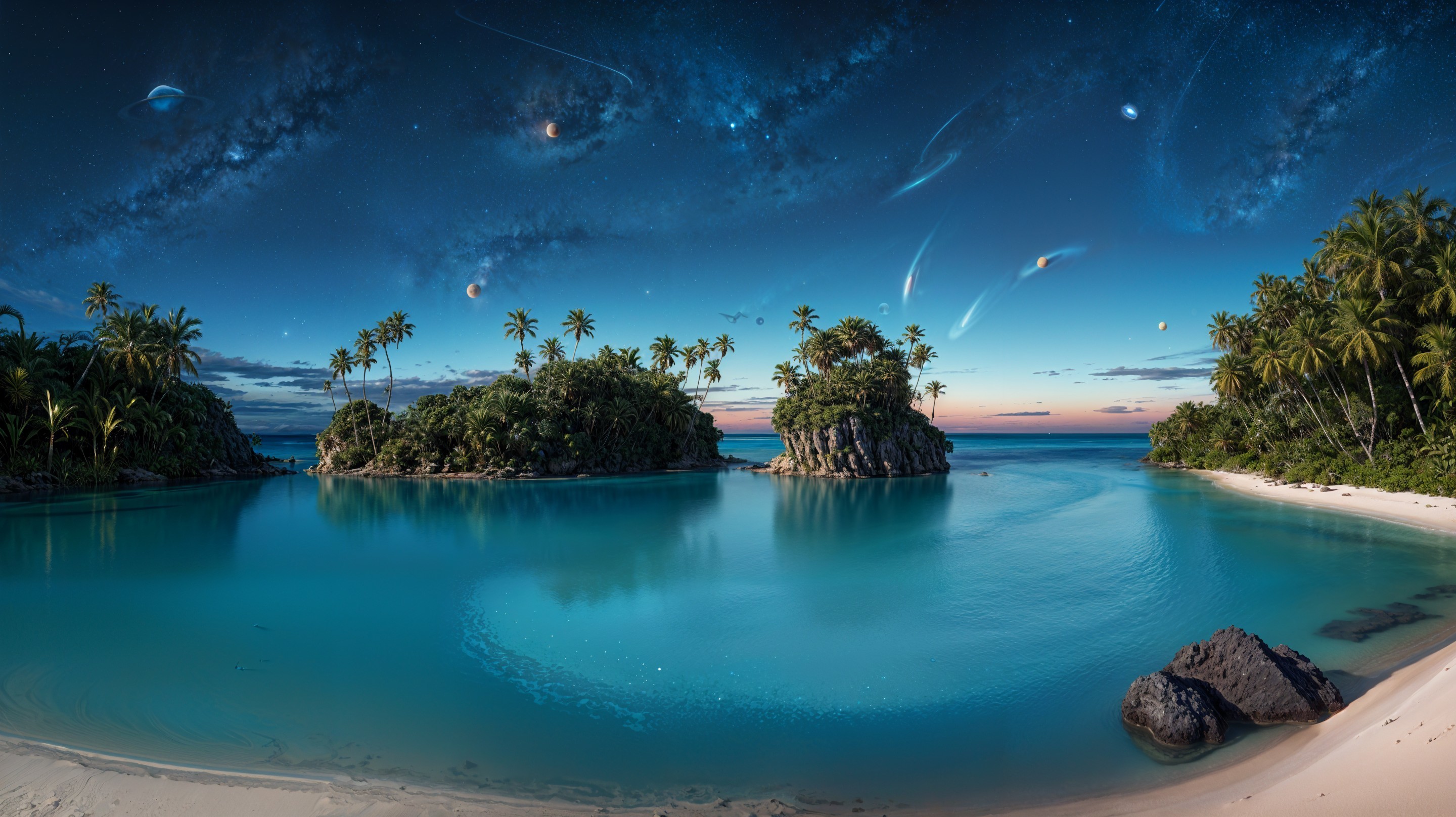 Tropical Landscape with Turquoise Waters and Starry Sky