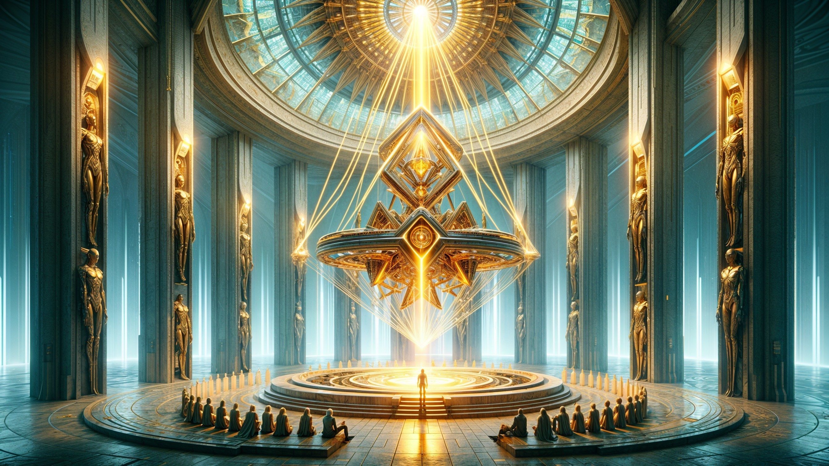Luminous hall with chandelier and worshippers present