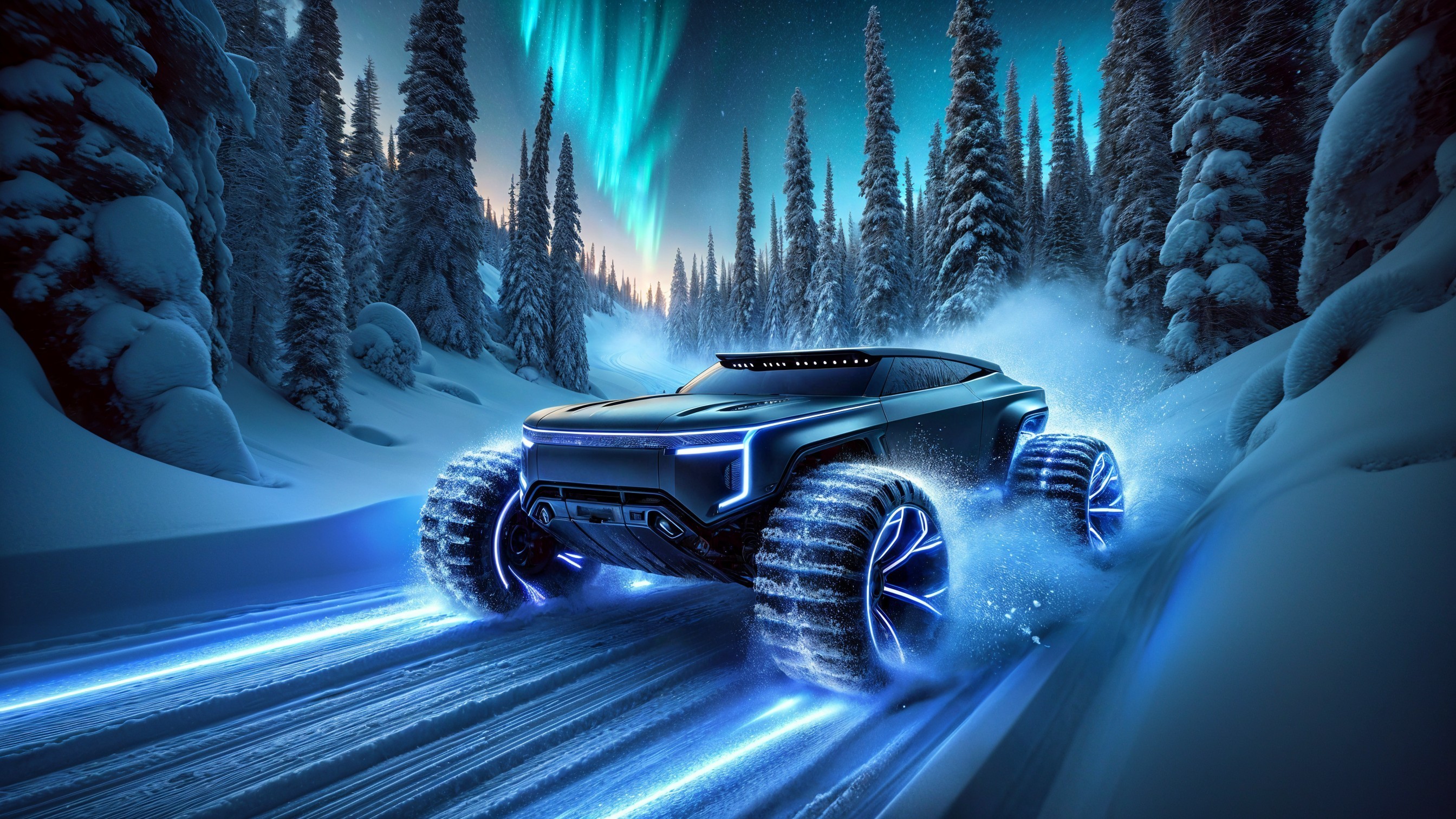 Futuristic Off-Road Vehicle in Snowy Forest Scene