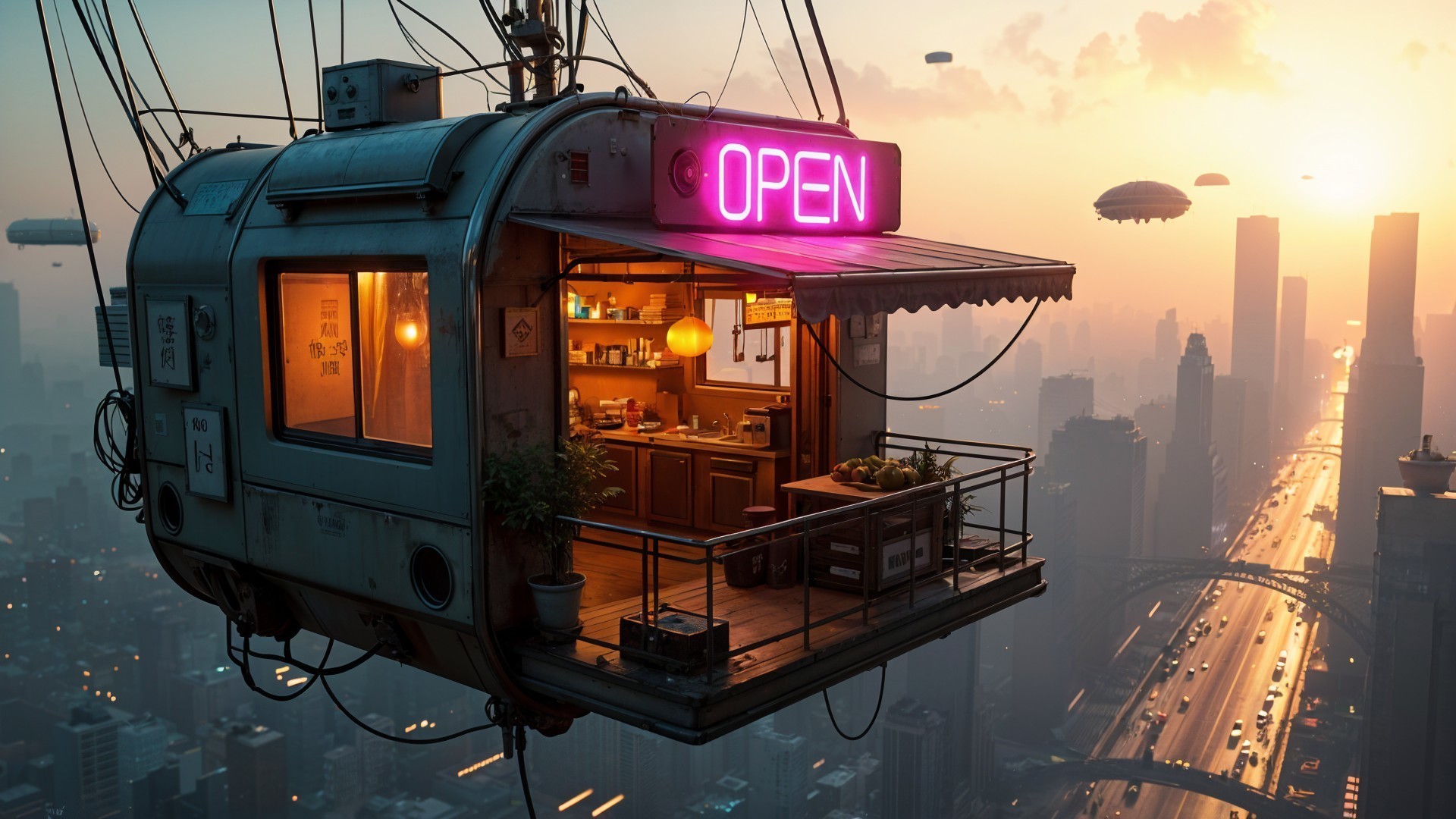 Futuristic Floating Shop Above City at Sunset