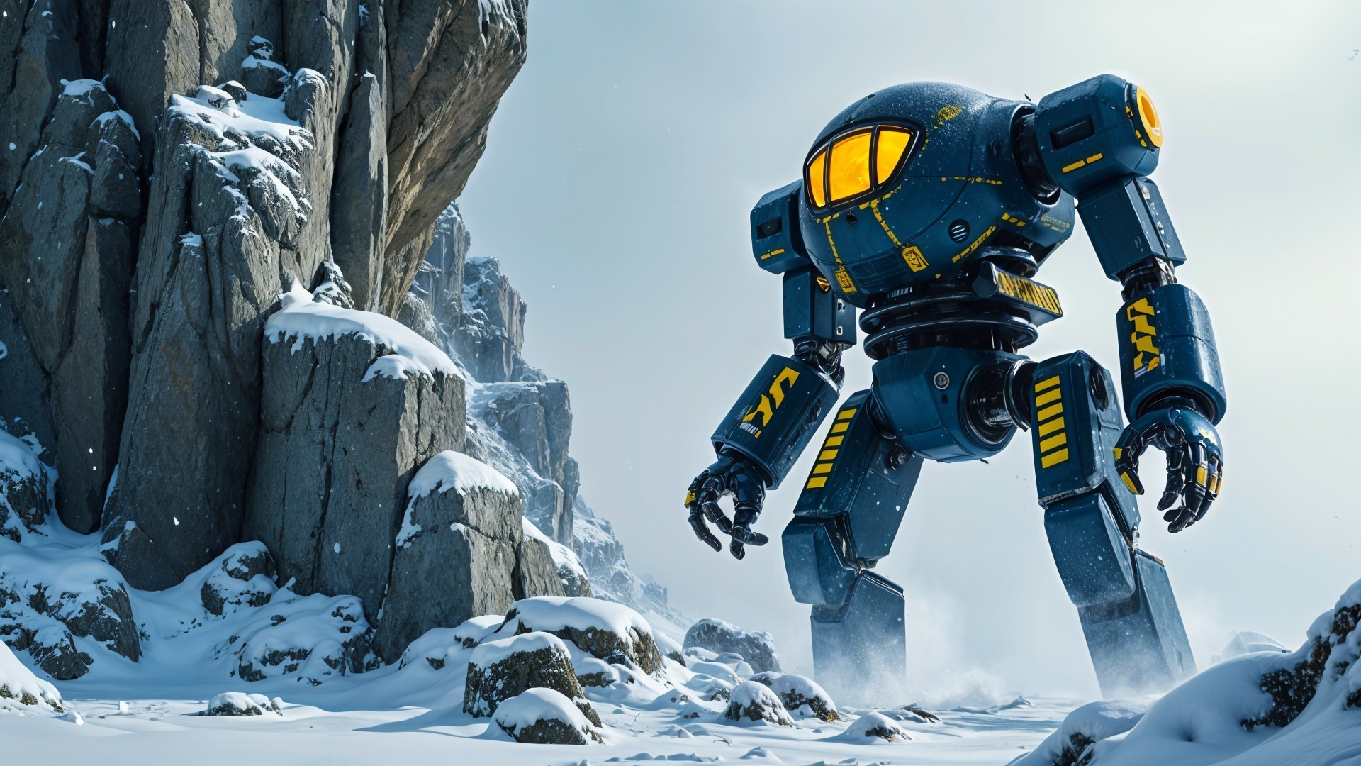 Futuristic Robot in Snowy Landscape with Cliffs