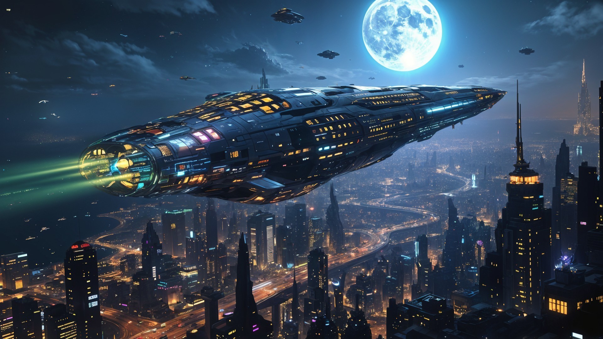 Futuristic Spaceship Over Luminous Cityscape at Night