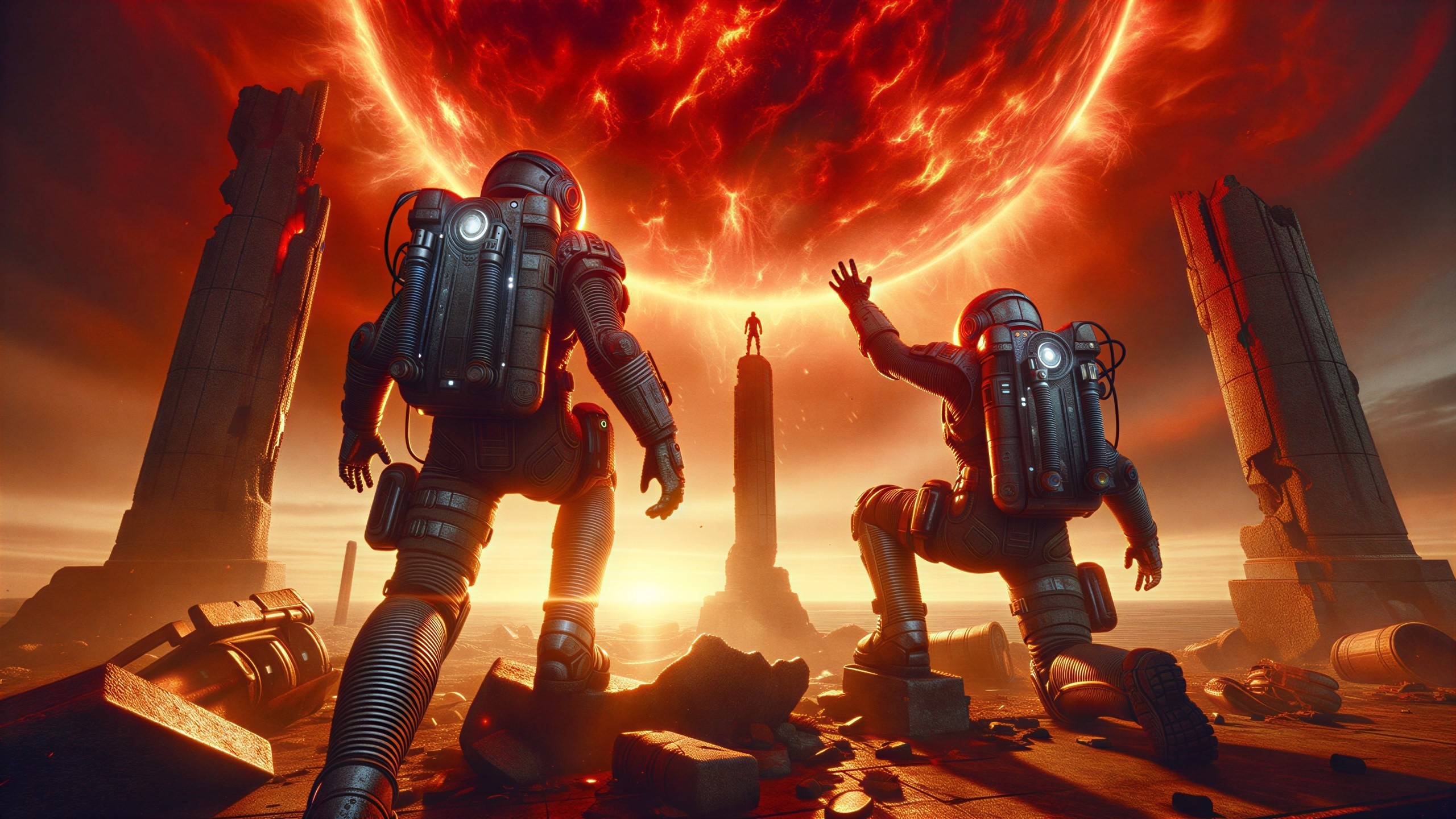 Astronauts Encounter Fiery Sun in Eerie Sci-Fi Landscape