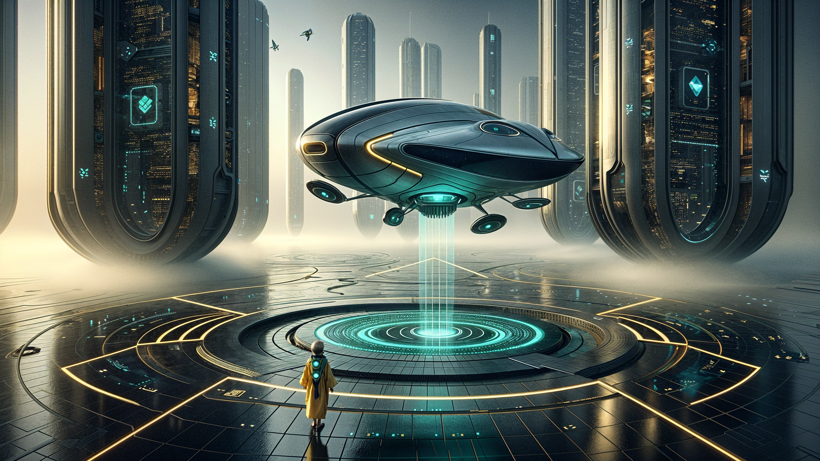 Futuristic Scene with Hovering Spacecraft and Mist