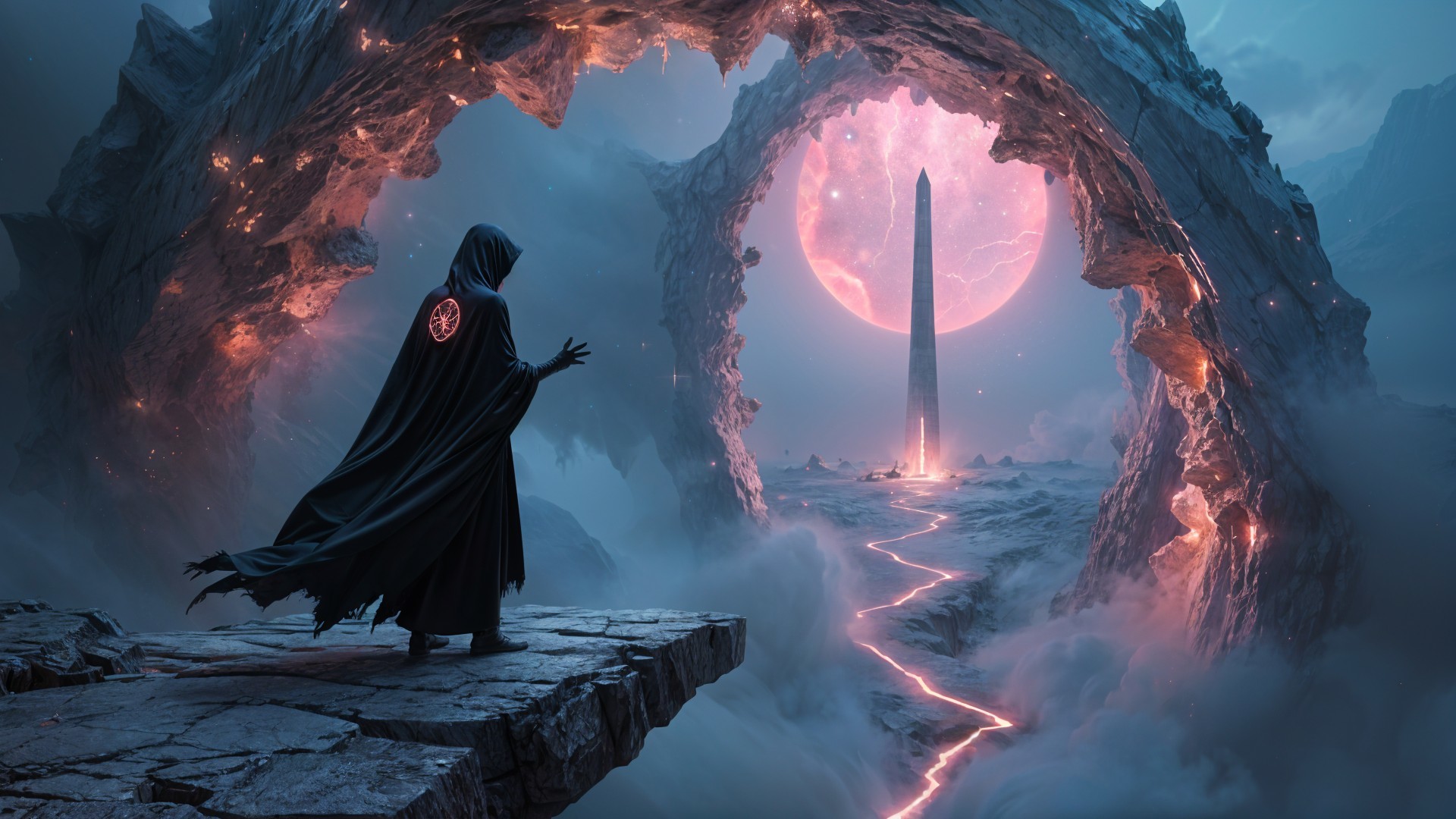 Cloaked Figure Observing Glowing Monolith in Misty Landscape
