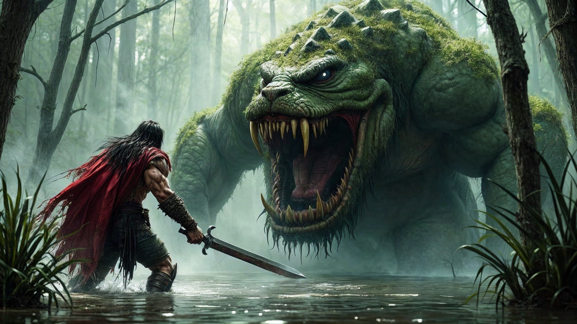 Warrior and Monster Confrontation in Misty Forest