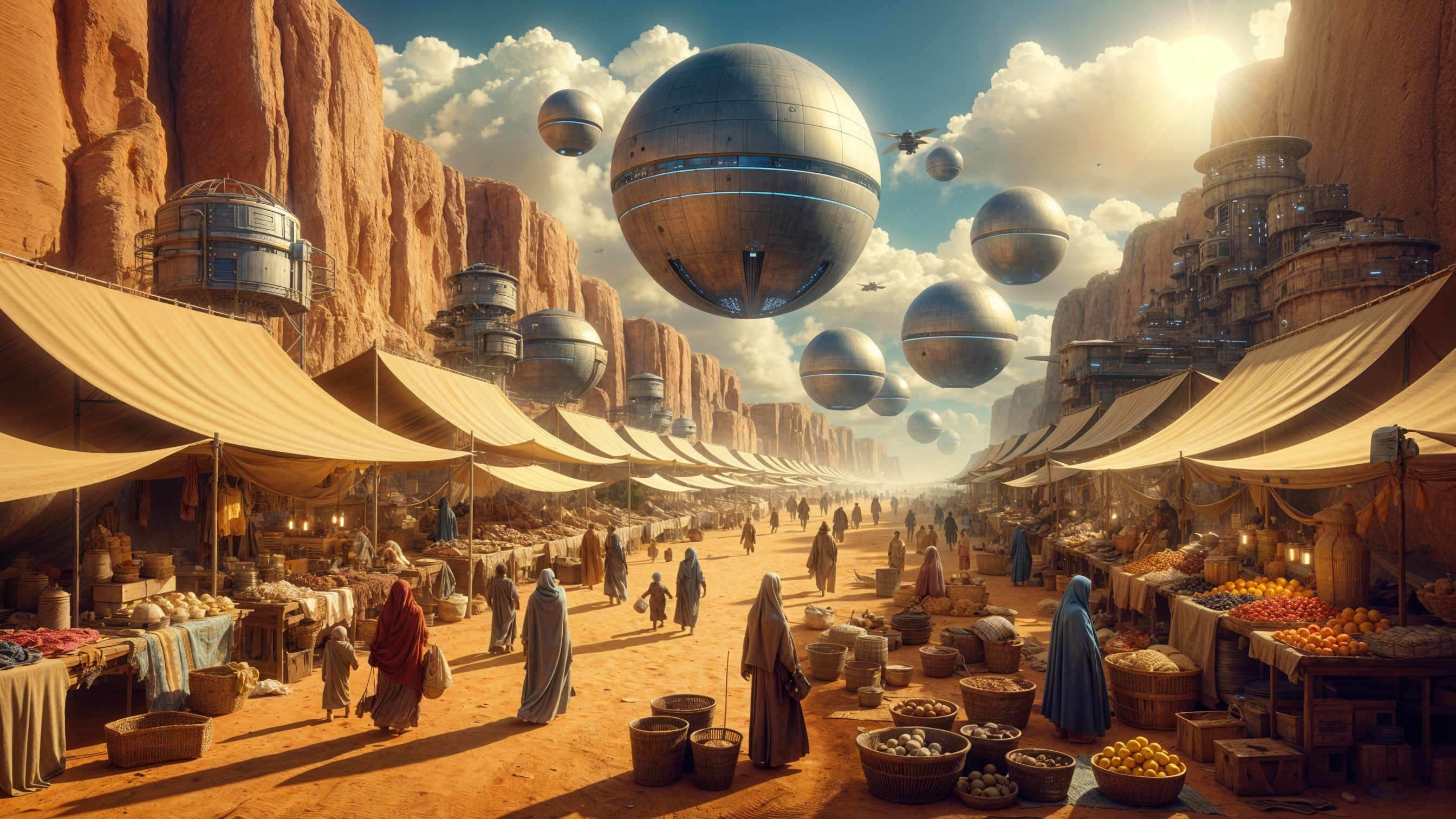 Desert Marketplace with Futuristic Elements and Vibrant Stalls