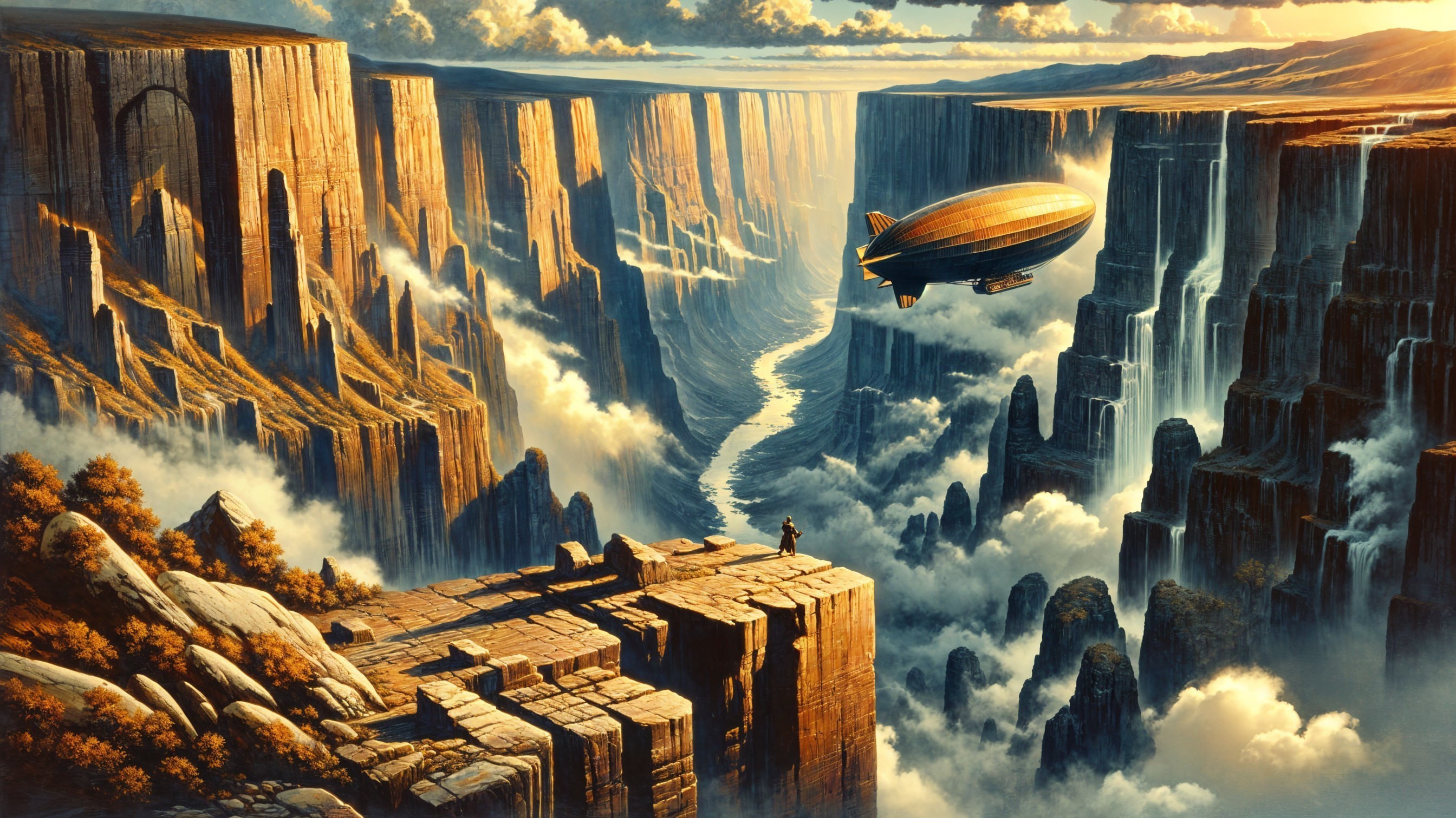 Colossal Canyon Landscape with Zeppelin and Figure