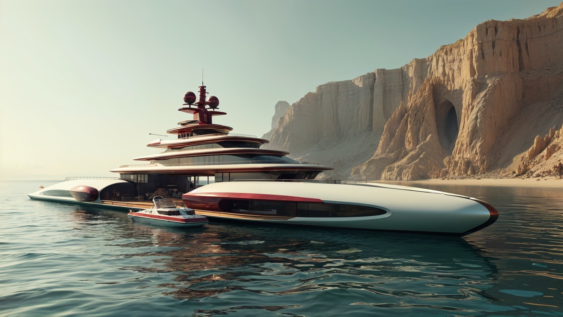 Modern Yacht Anchored in Tranquil Waters with Cliffs
