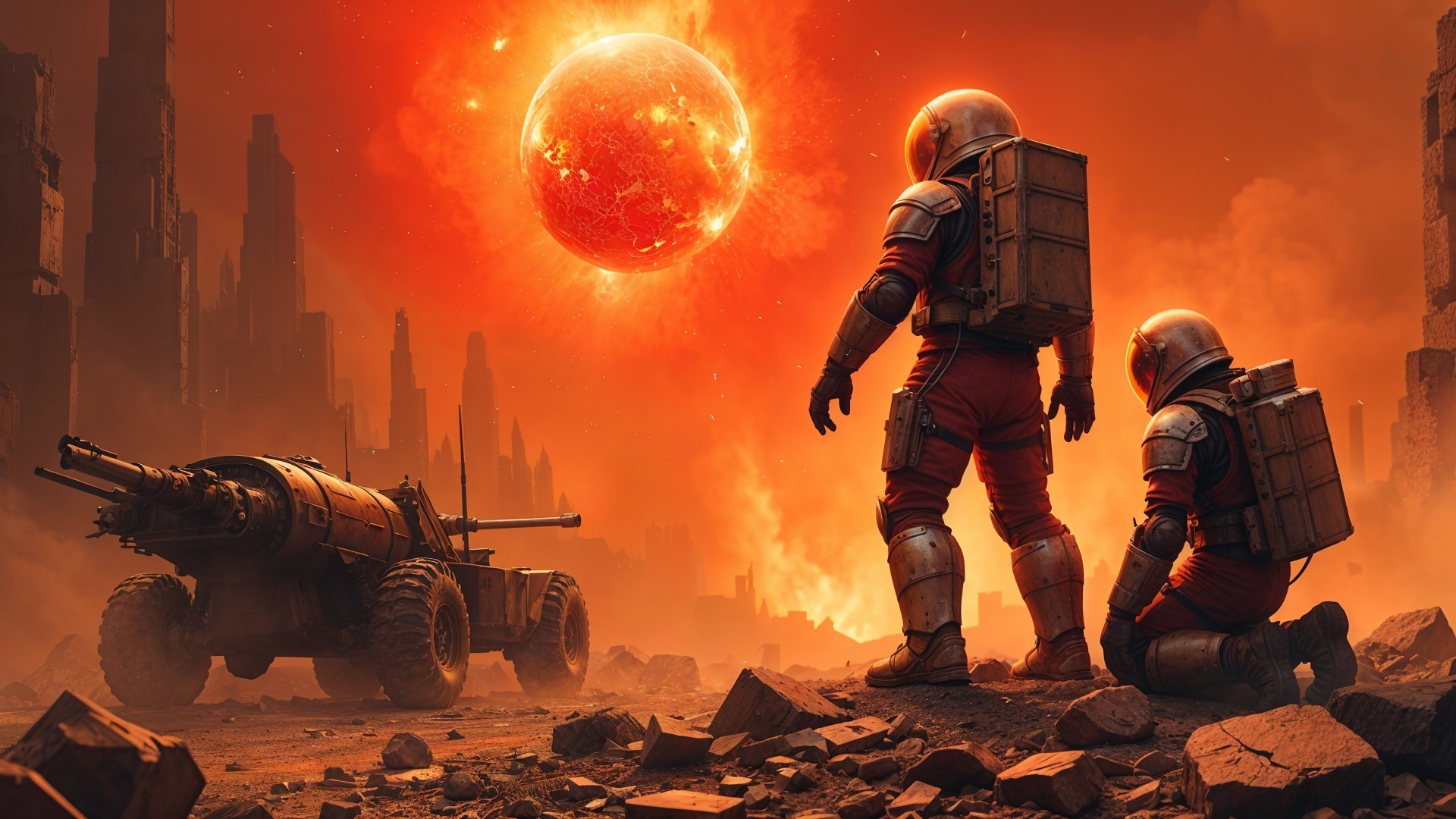 Astronauts in Futuristic Suits in Orange Landscape