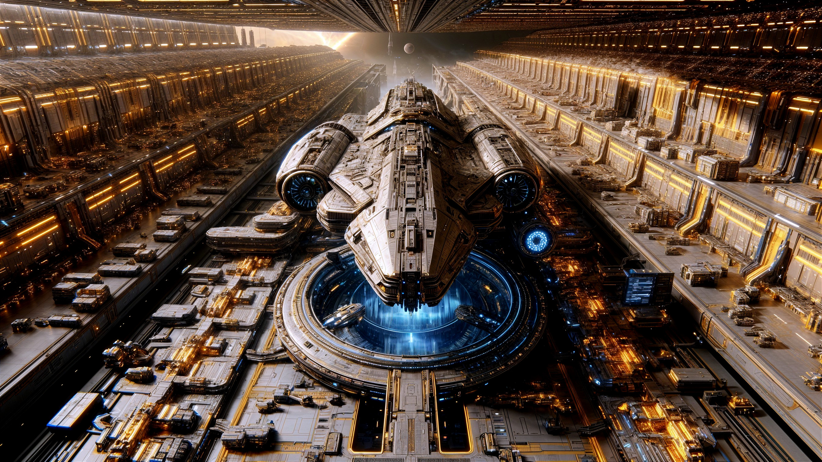 Intricate Spaceship at Futuristic Space Station Docking