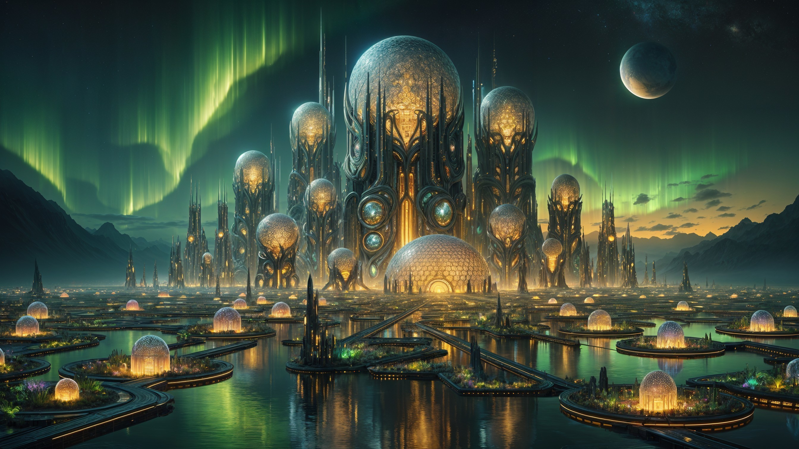 Futuristic cityscape with auroras and lush gardens