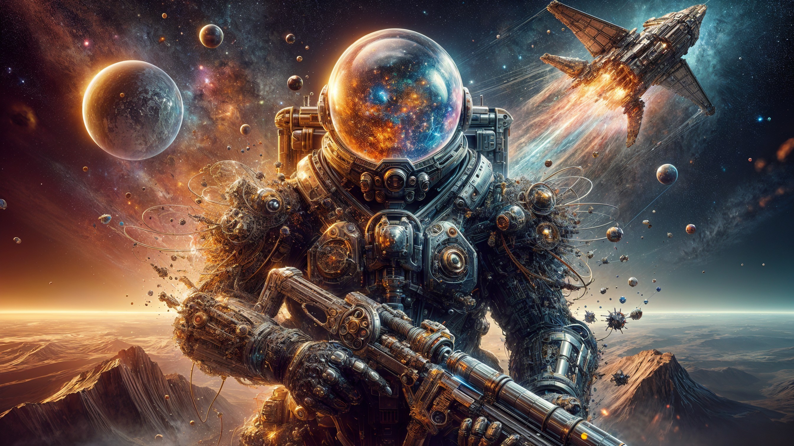 Astronaut in Cosmic Scene with Futuristic Weapon
