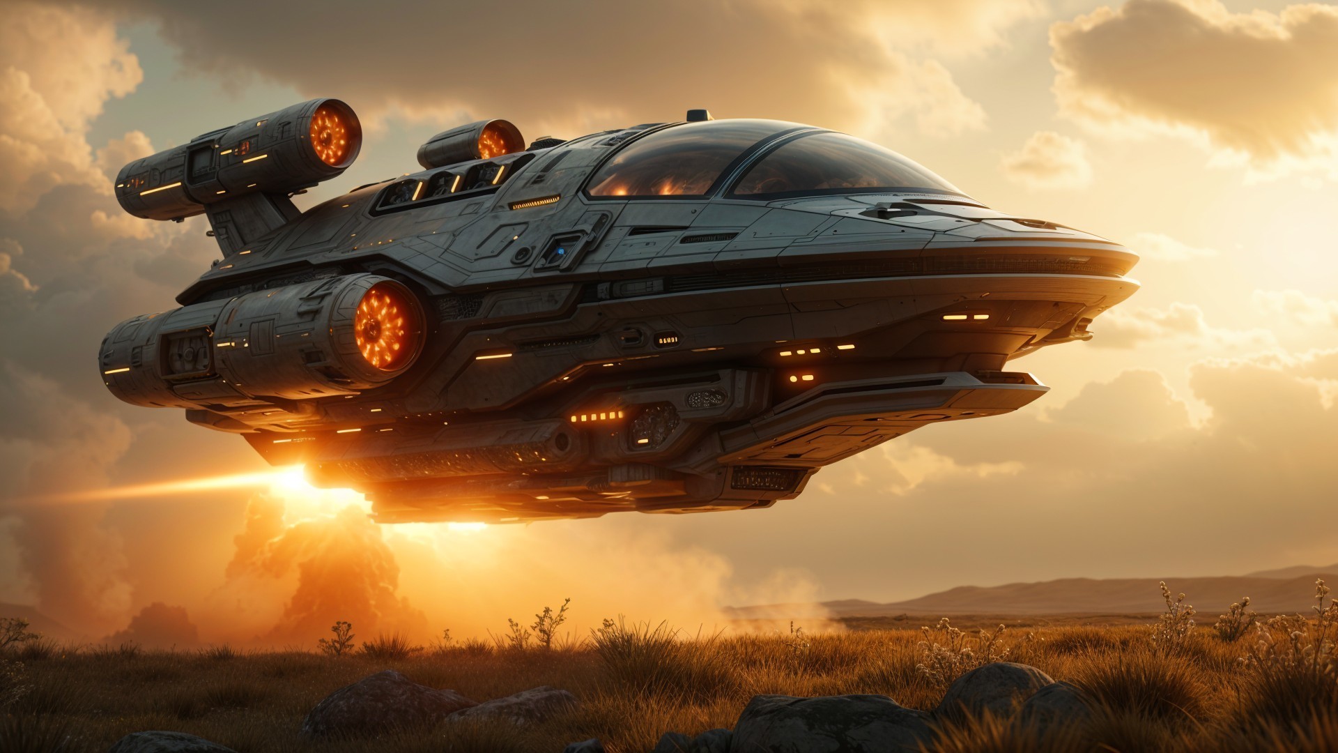 Futuristic spaceship hovering at sunset in rocky landscape