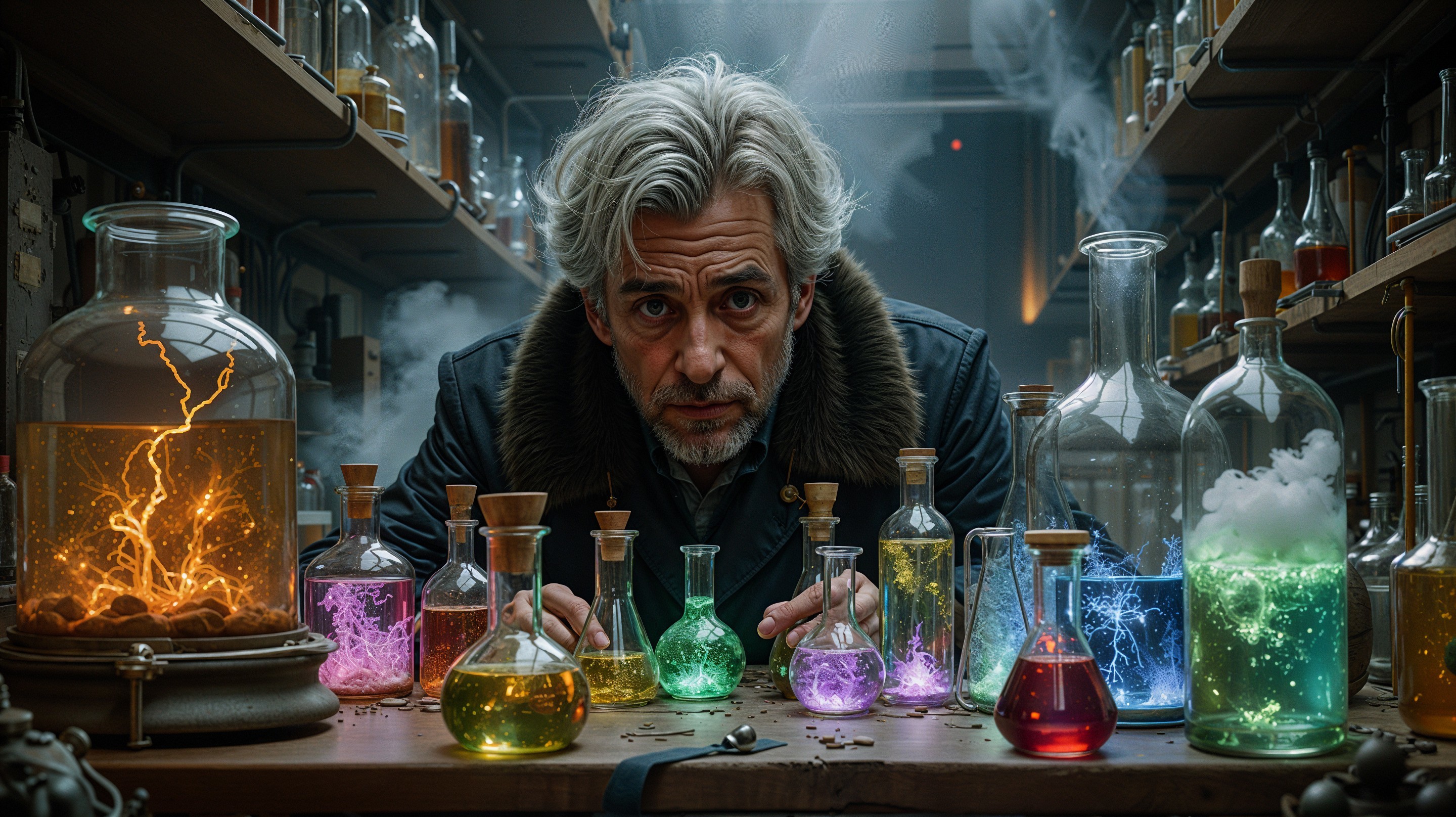 Laboratory Scene with Colorful Bubbling Potions