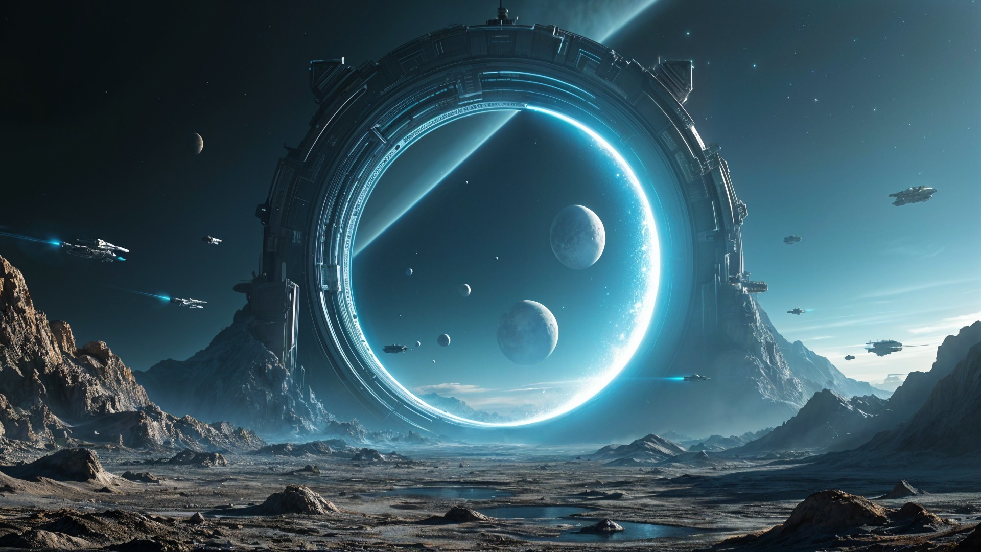 Futuristic landscape with glowing portal and spacecraft
