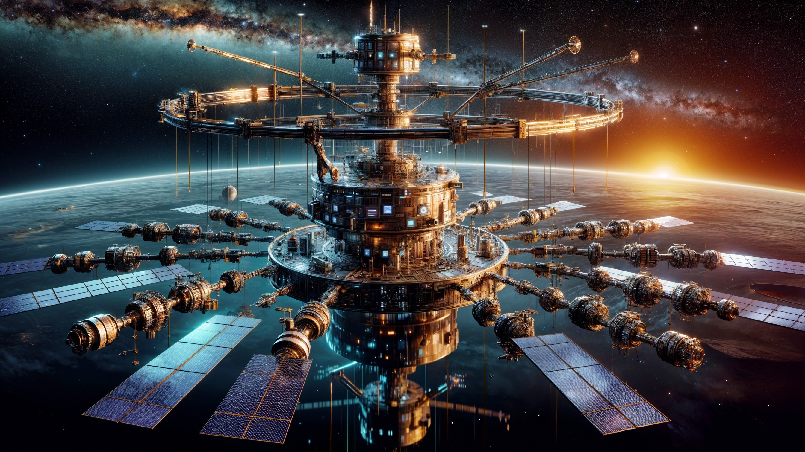 Futuristic space station orbiting a blue planet