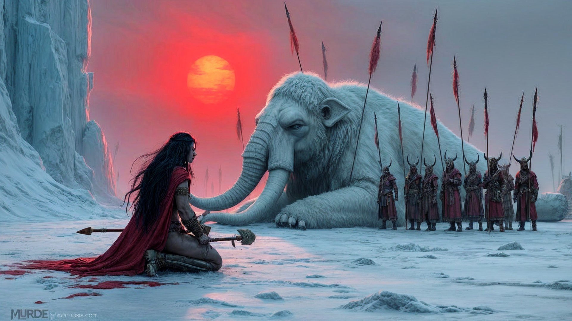 Warrior and Mammoth in Icy Landscape at Sunset