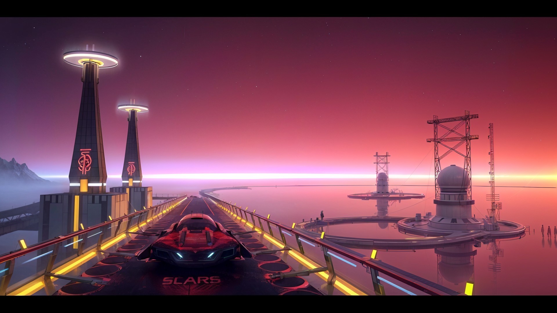 Futuristic landscape with sleek structures and sunset sky