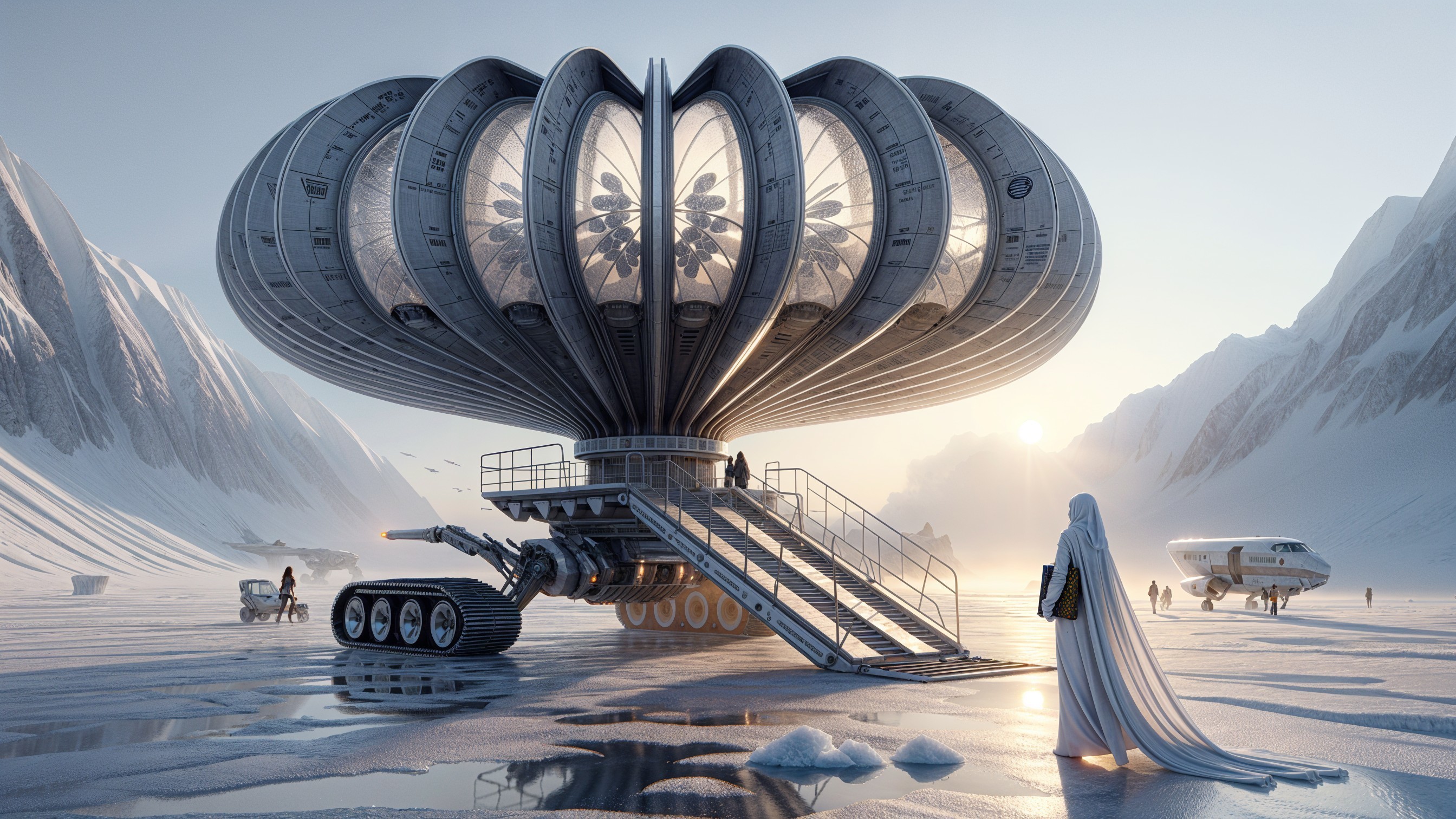 Futuristic spacecraft on icy landscape with mountains