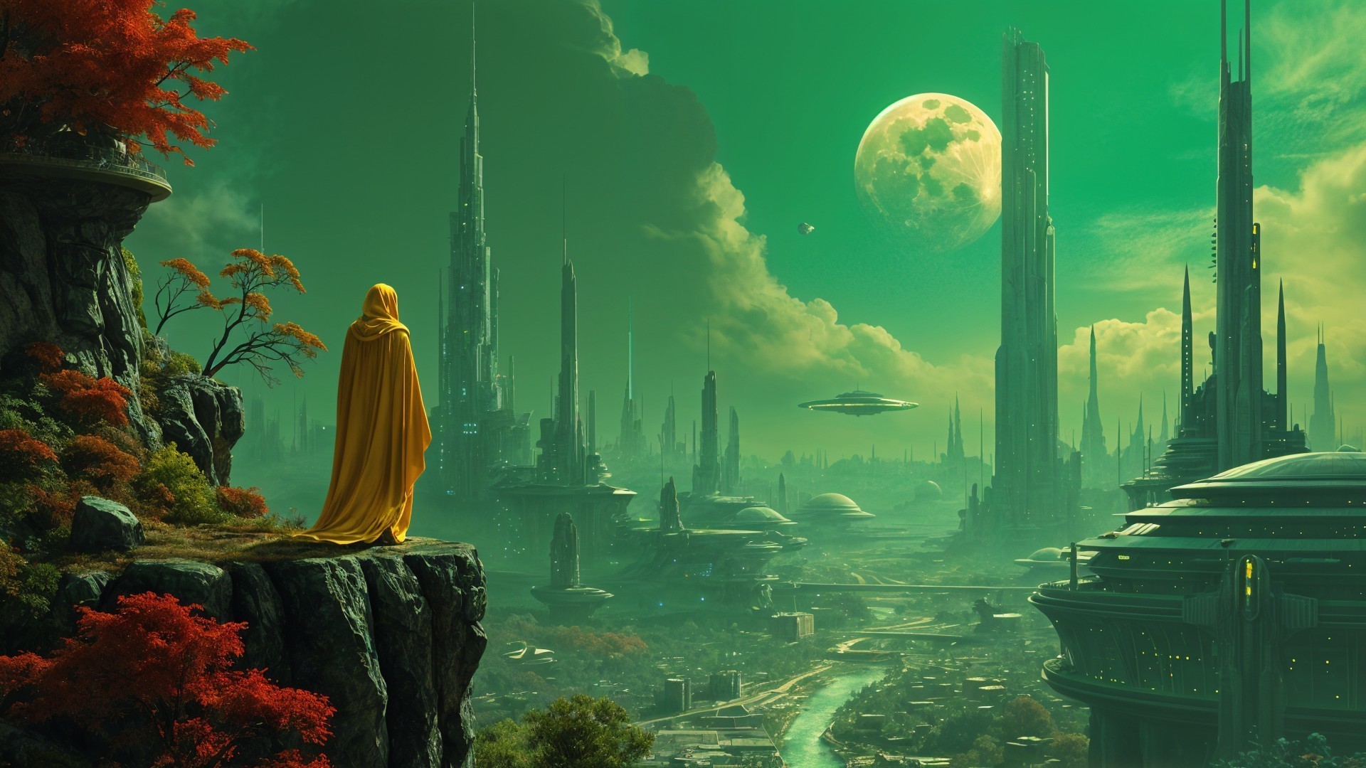 Figure in yellow cloak overlooking futuristic cityscape