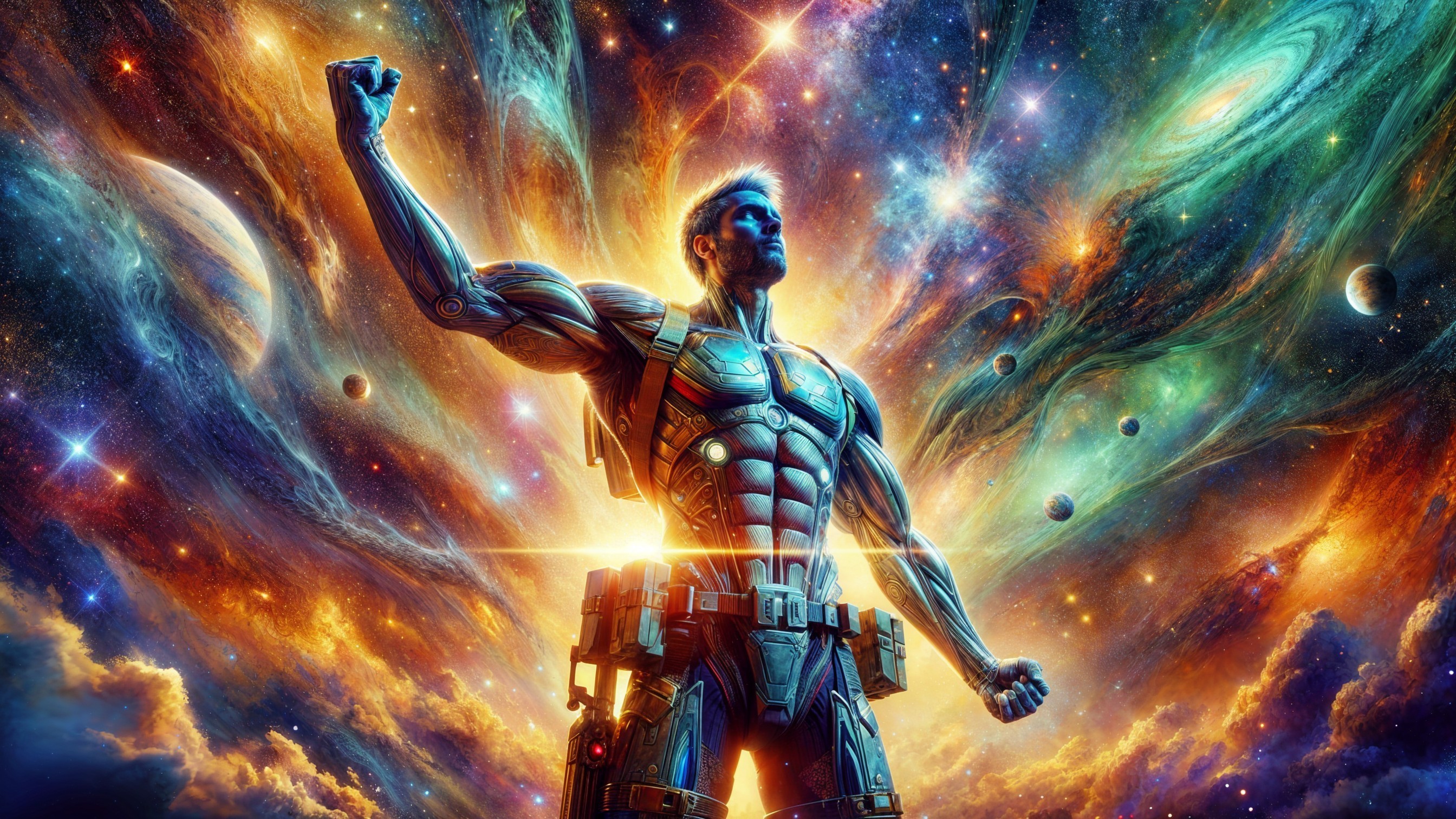 Futuristic Muscular Figure in Cosmic Space Scene