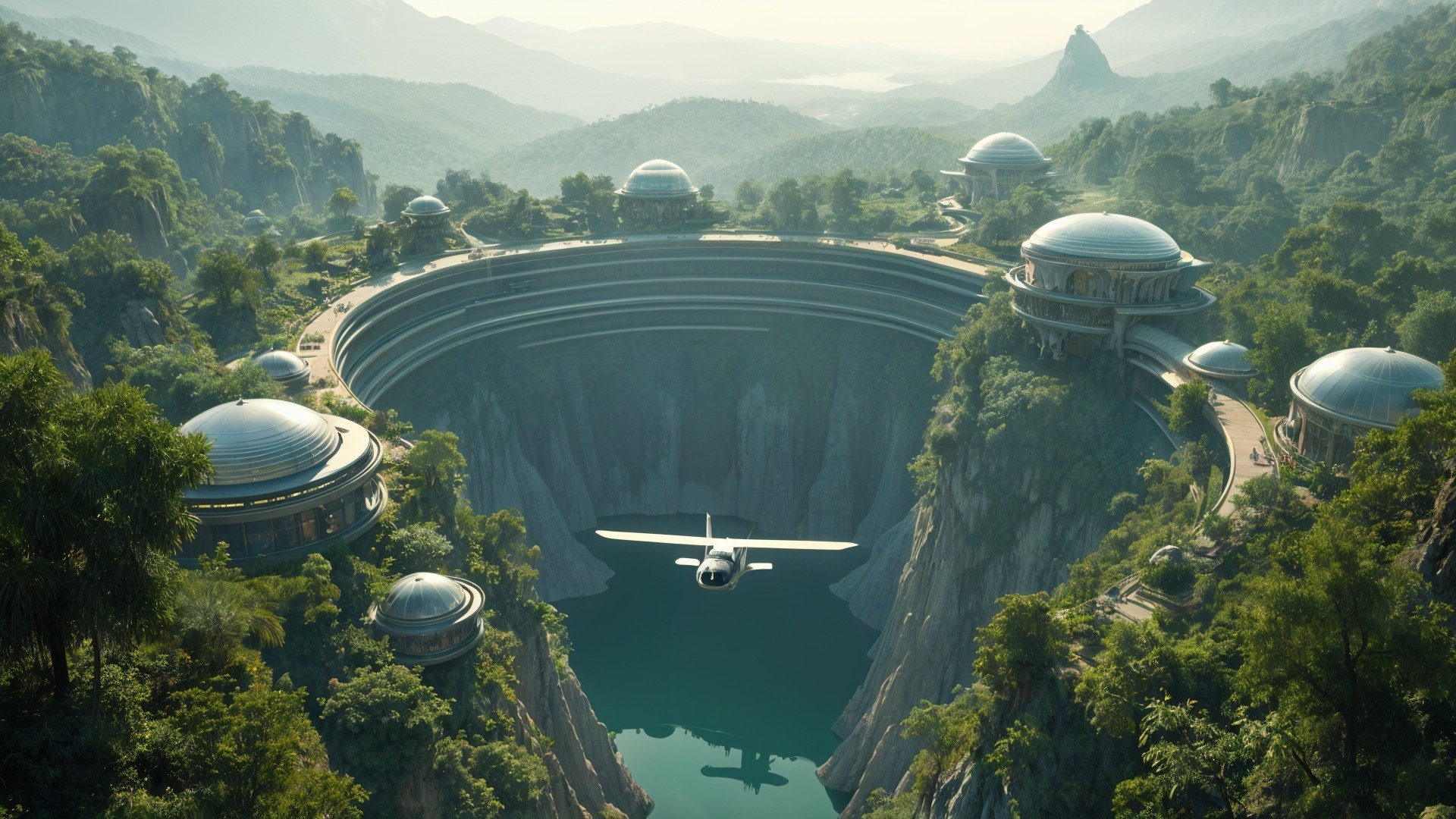 Futuristic landscape with circular canyon and greenery