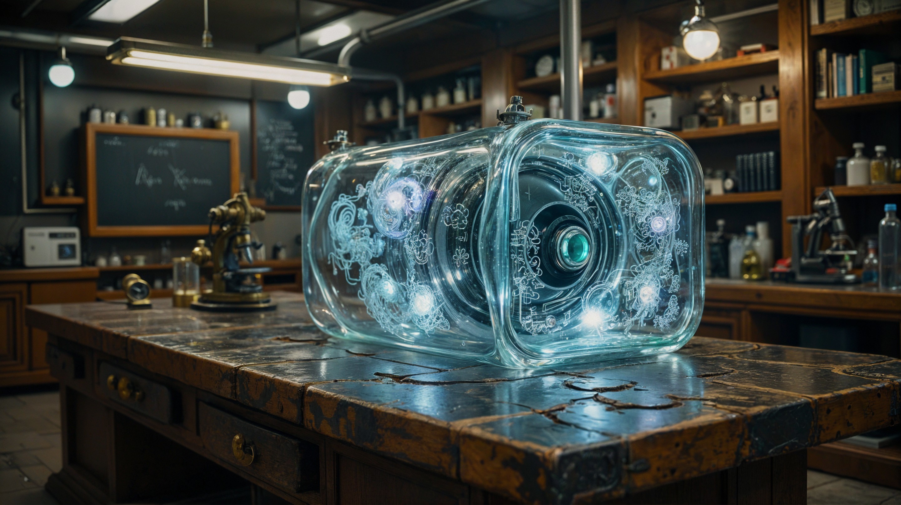 Futuristic Glass Container in Vintage Laboratory Setting