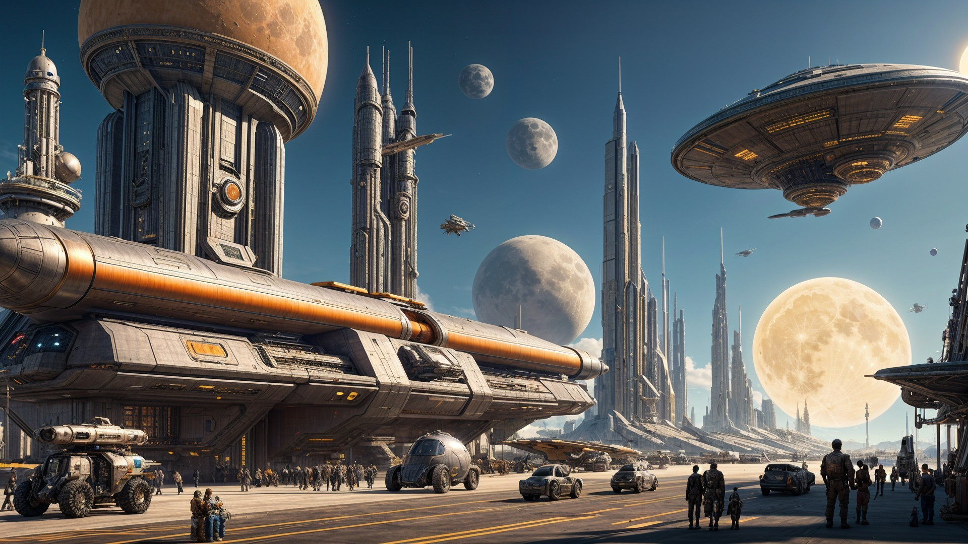 Futuristic cityscape with skyscrapers and spacecraft