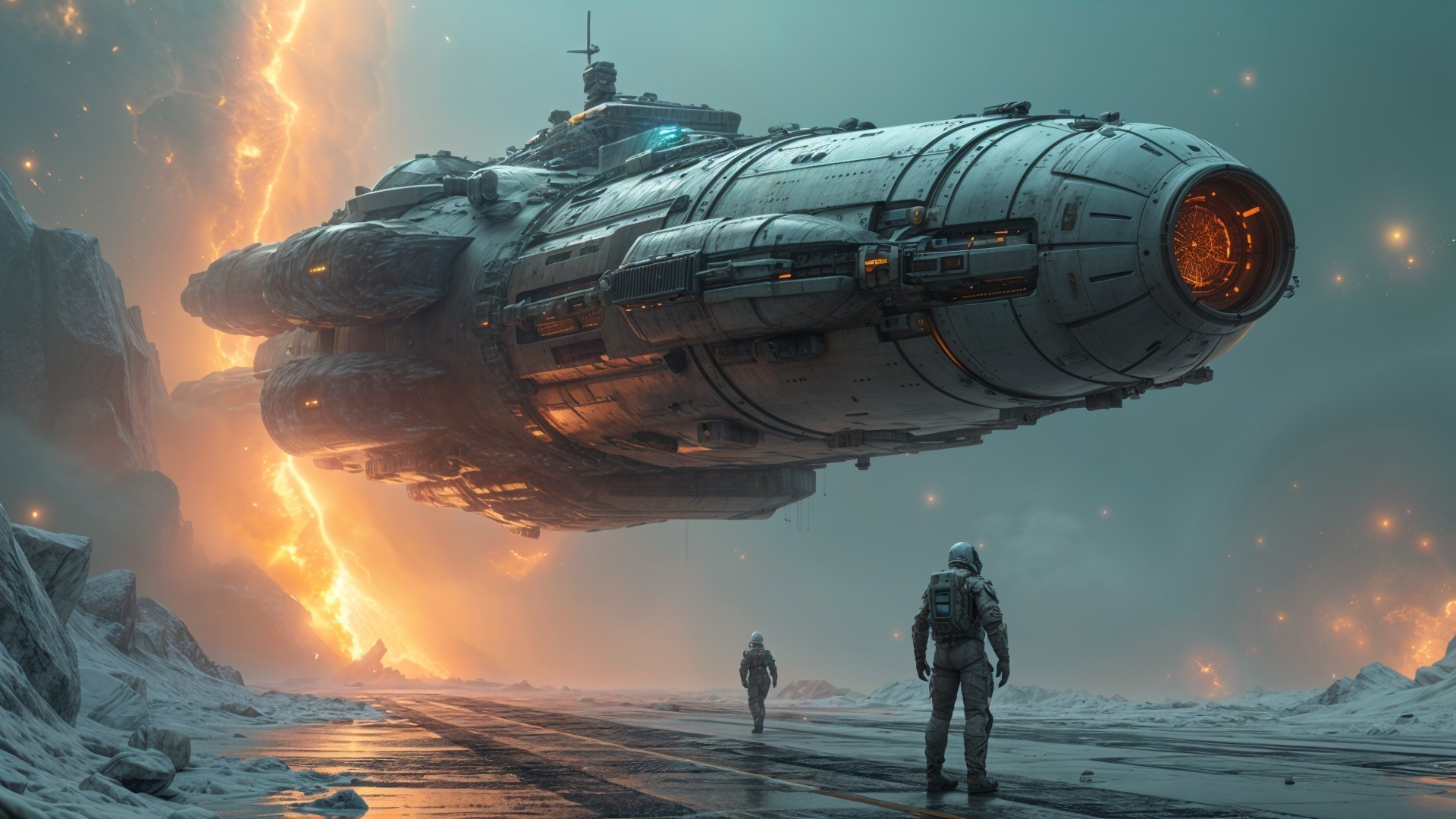 Futuristic spacecraft above icy landscape with astronauts
