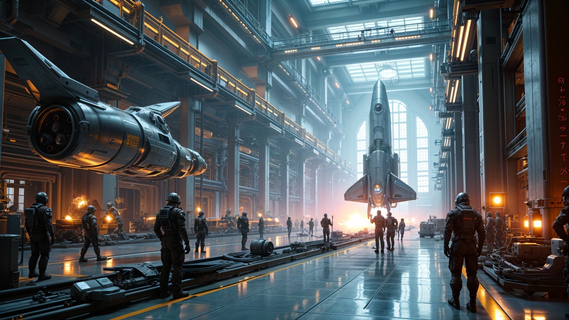 Futuristic Industrial Hangar with Advanced Spacecraft