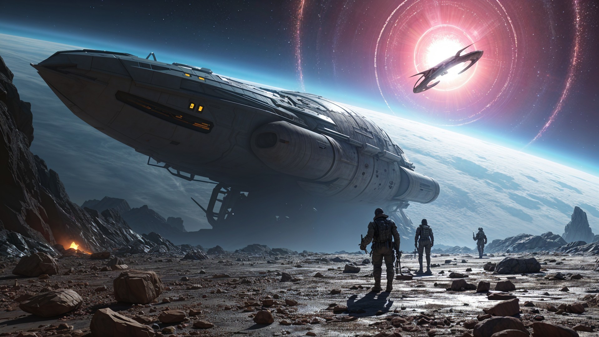 Futuristic spacecraft on rocky alien landscape with astronauts