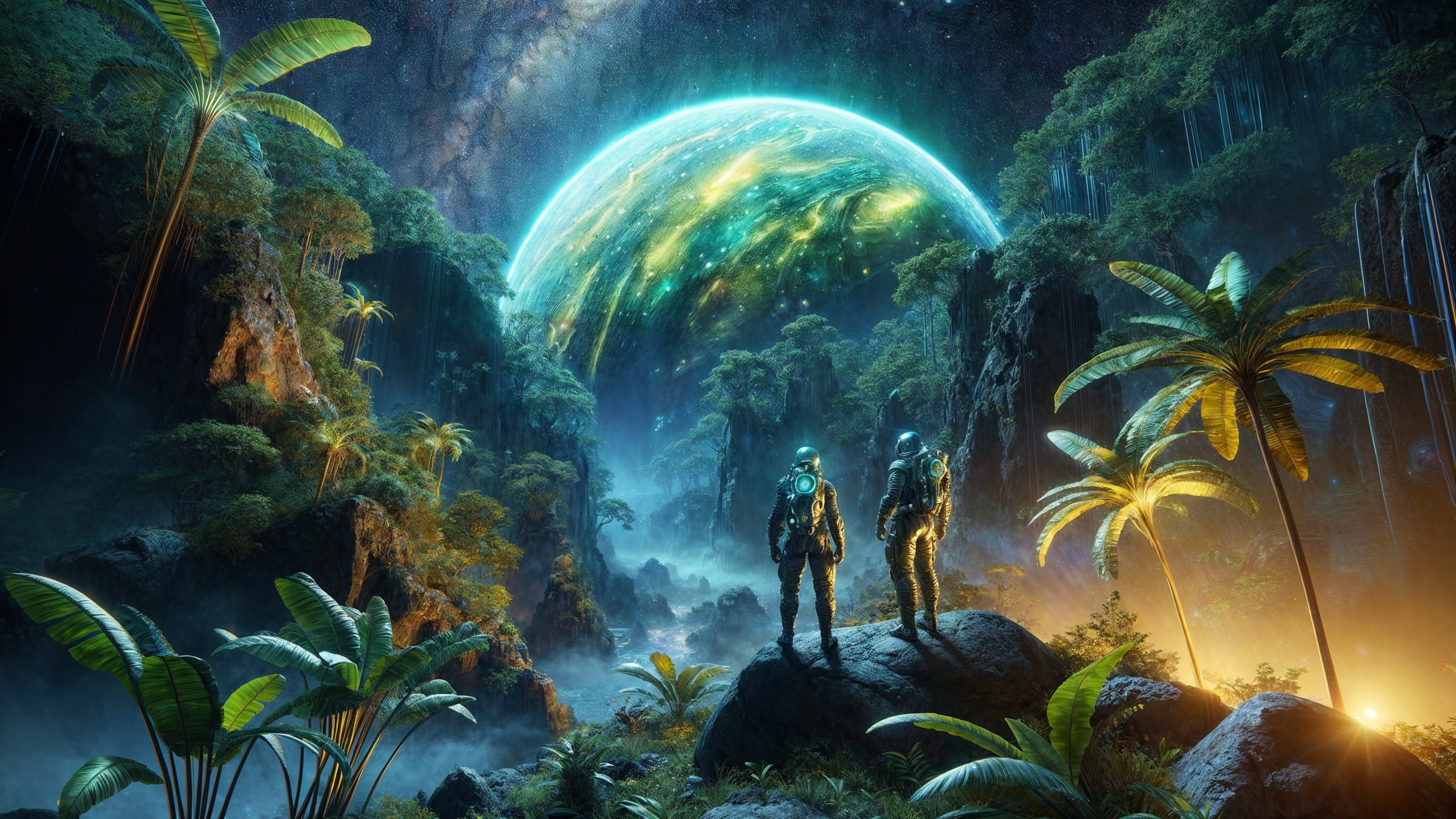 Astronauts in Alien Landscape with Glowing Planet