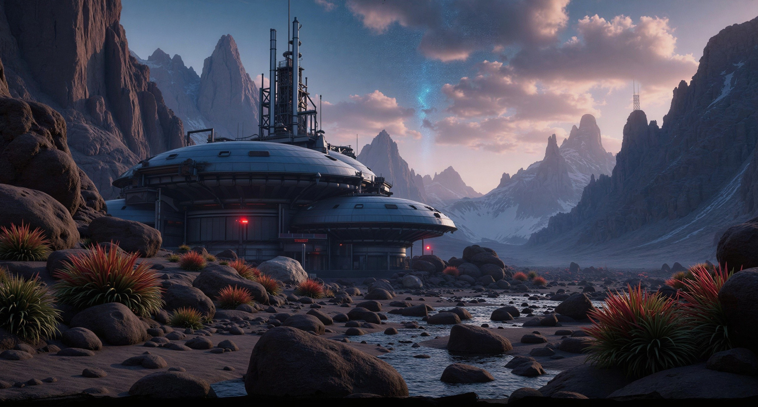 Futuristic research station in rocky desert landscape