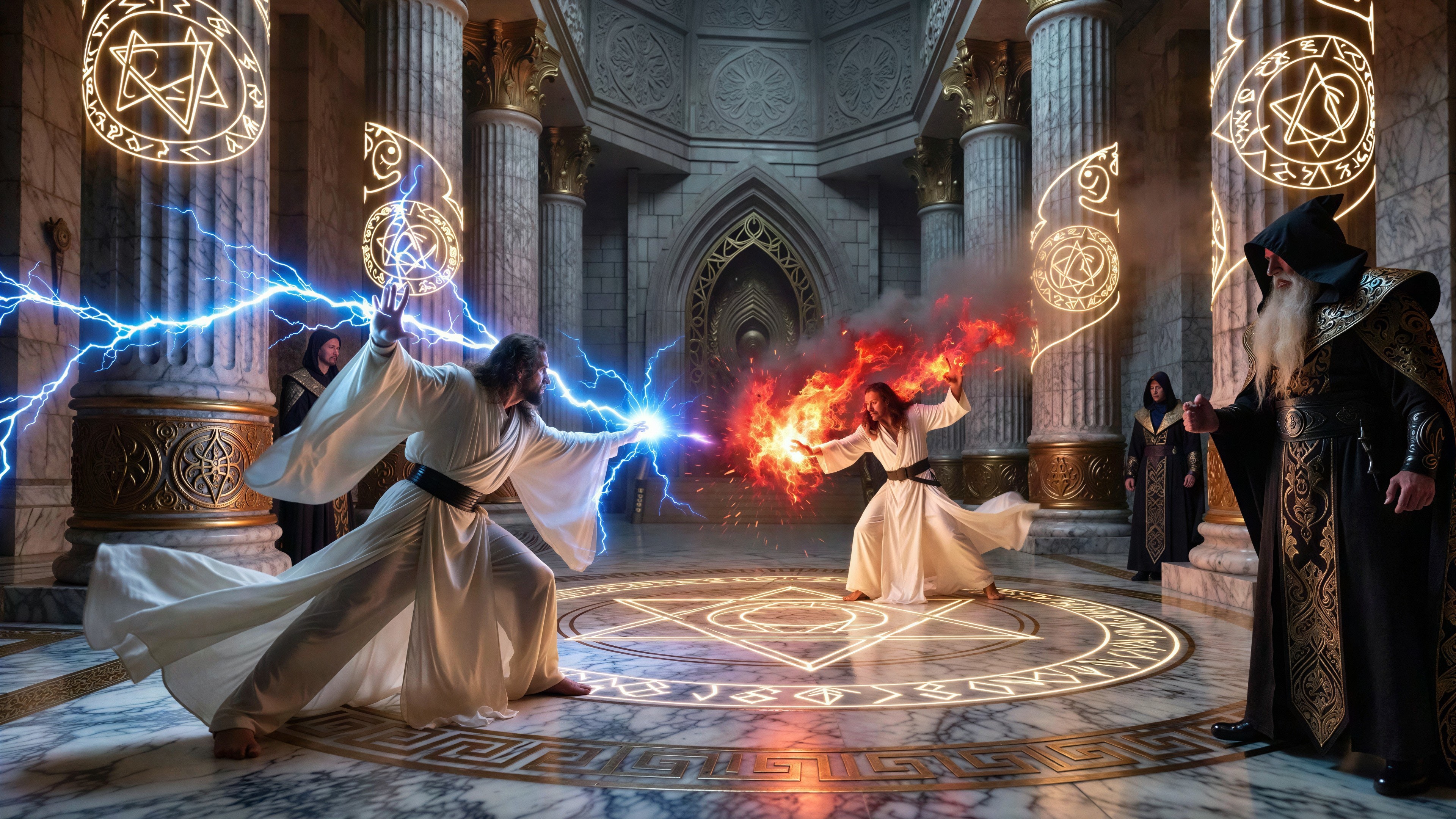 Wizards Duel in Ornate Temple with Magic Elements