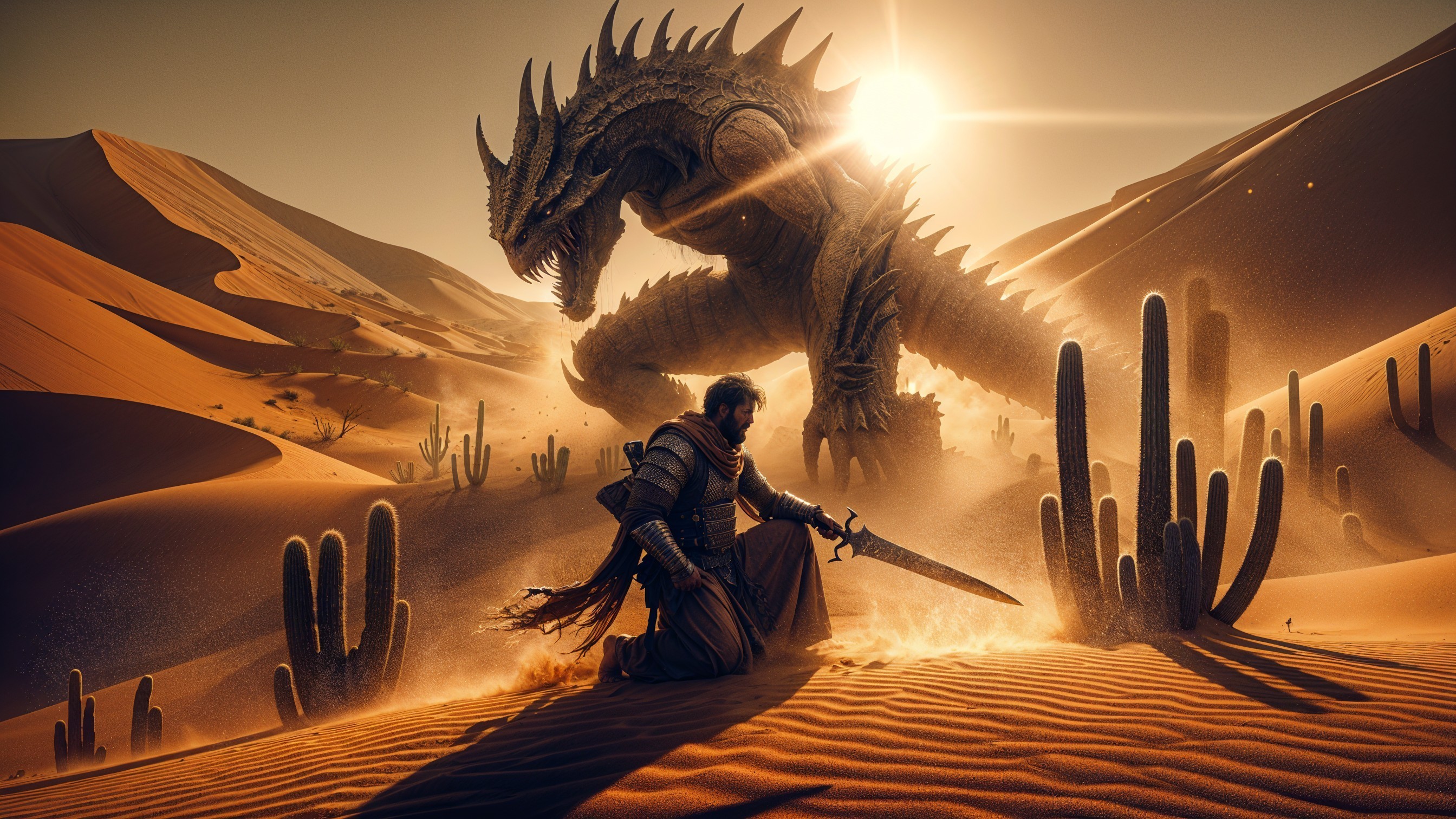 Desert Sunset with Warrior and Dragon Silhouette