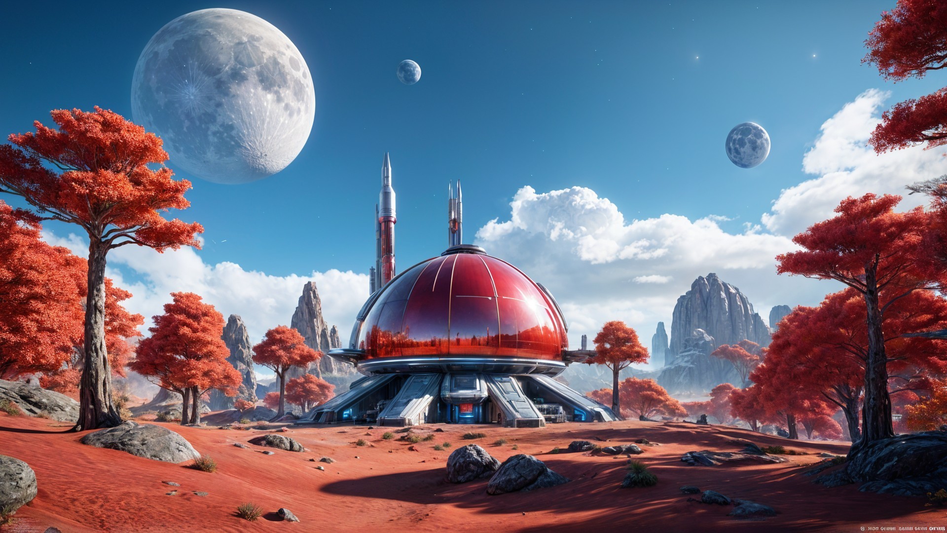 Futuristic dome structure in vibrant red landscape