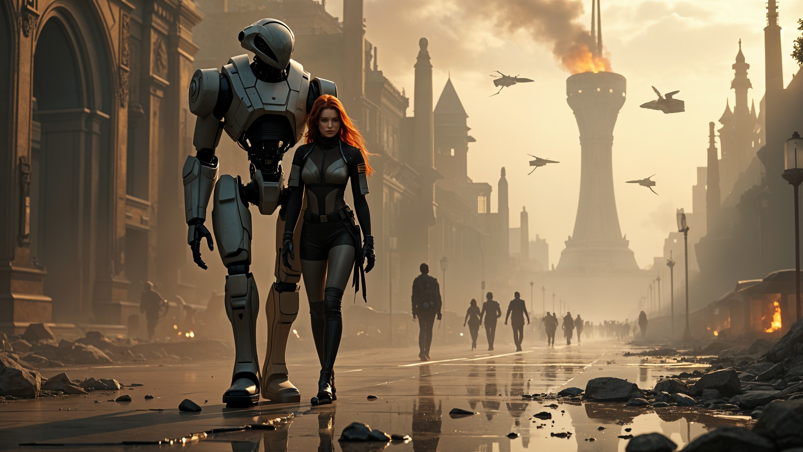 Futuristic Robot and Woman in Dystopian Cityscape