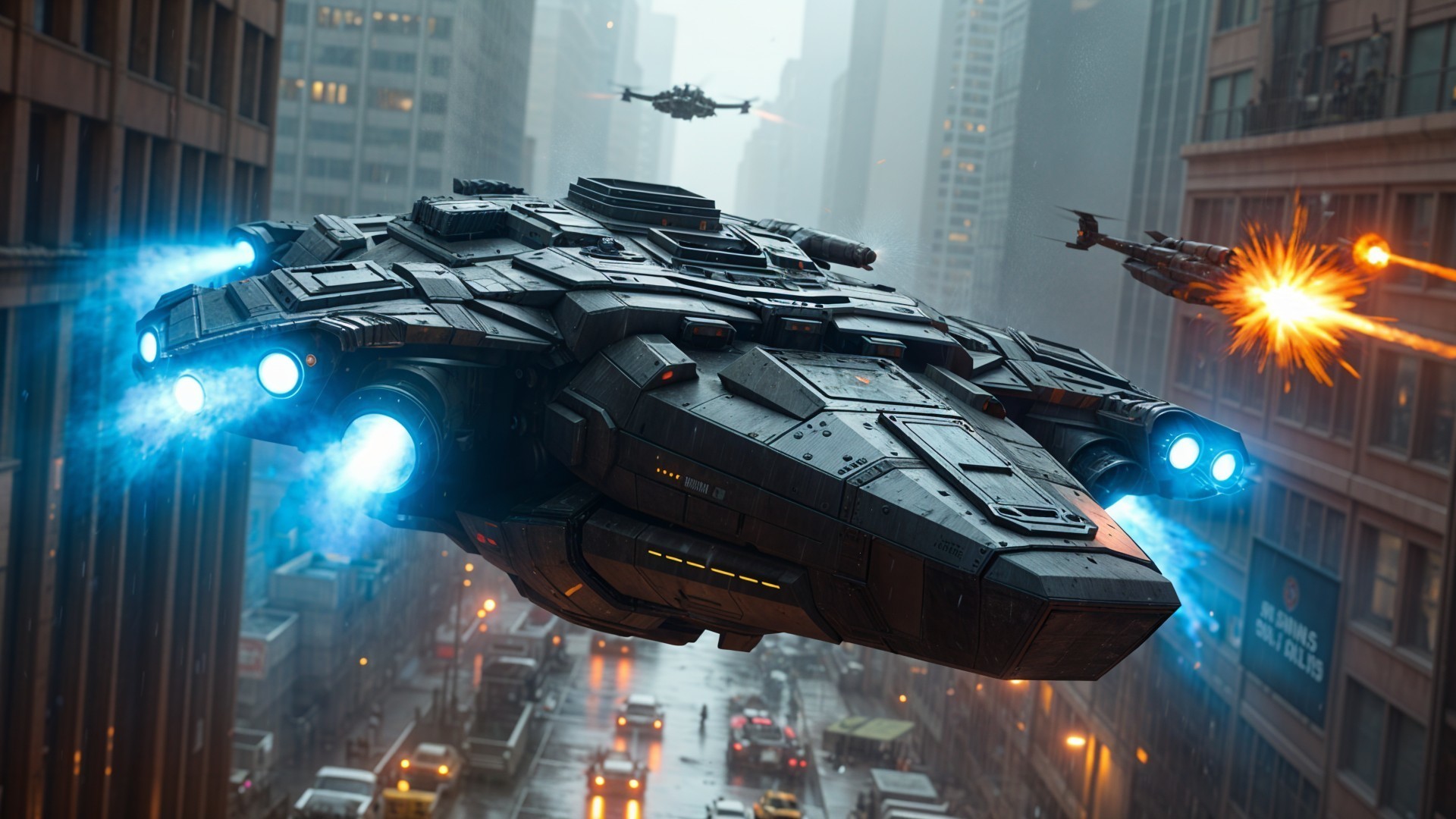 Futuristic Spaceship Over Rainy Urban Landscape
