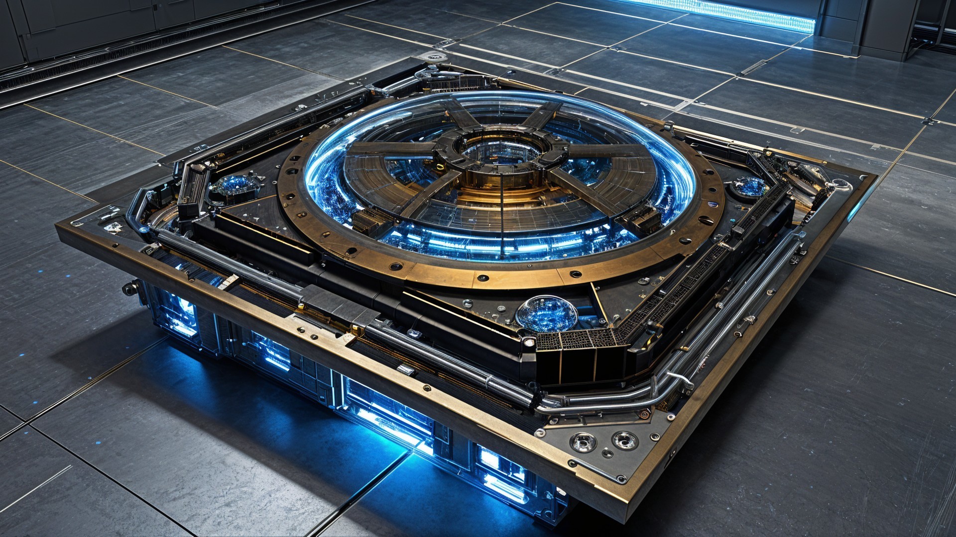 Futuristic high-tech device with transparent top and glow