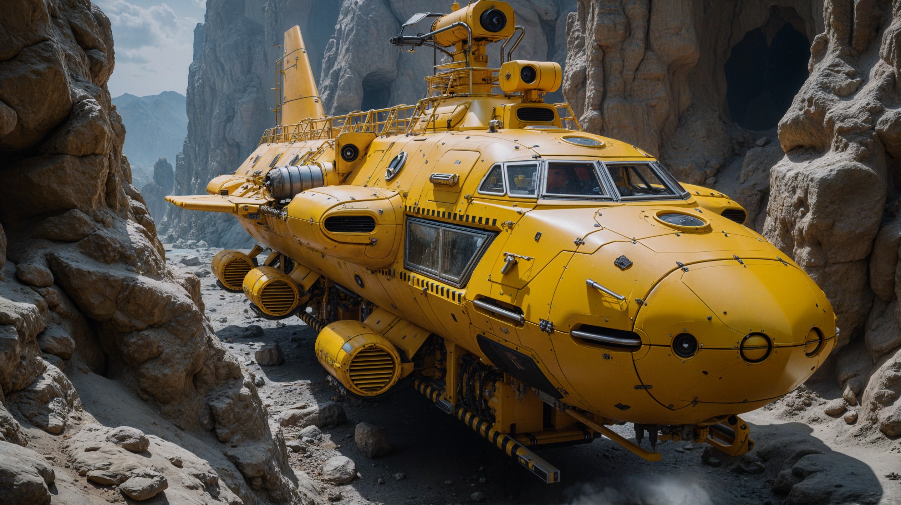 Futuristic yellow armored tank in desert canyon