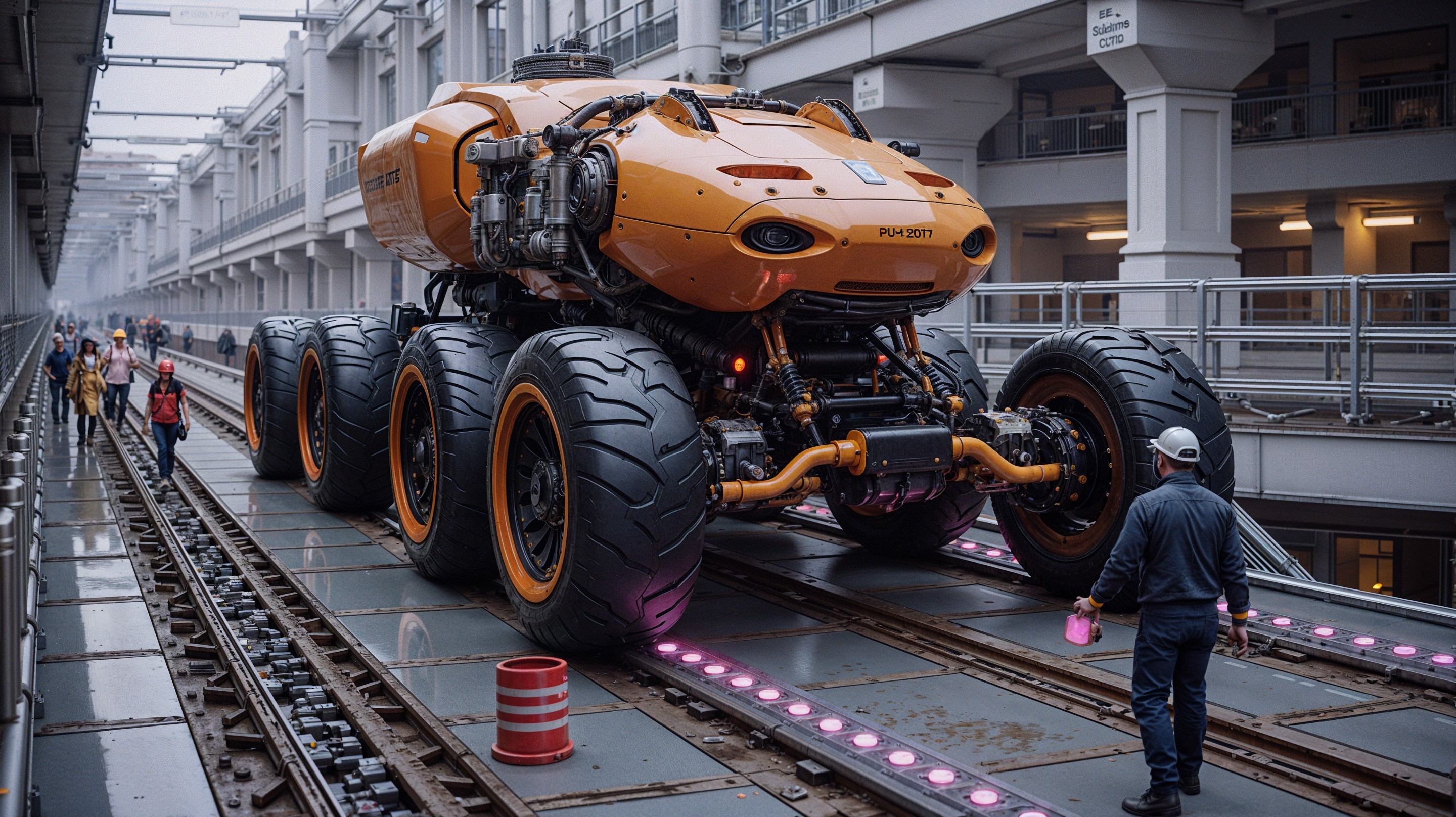 Futuristic Vehicle on Elevated Tracks in Industrial Setting