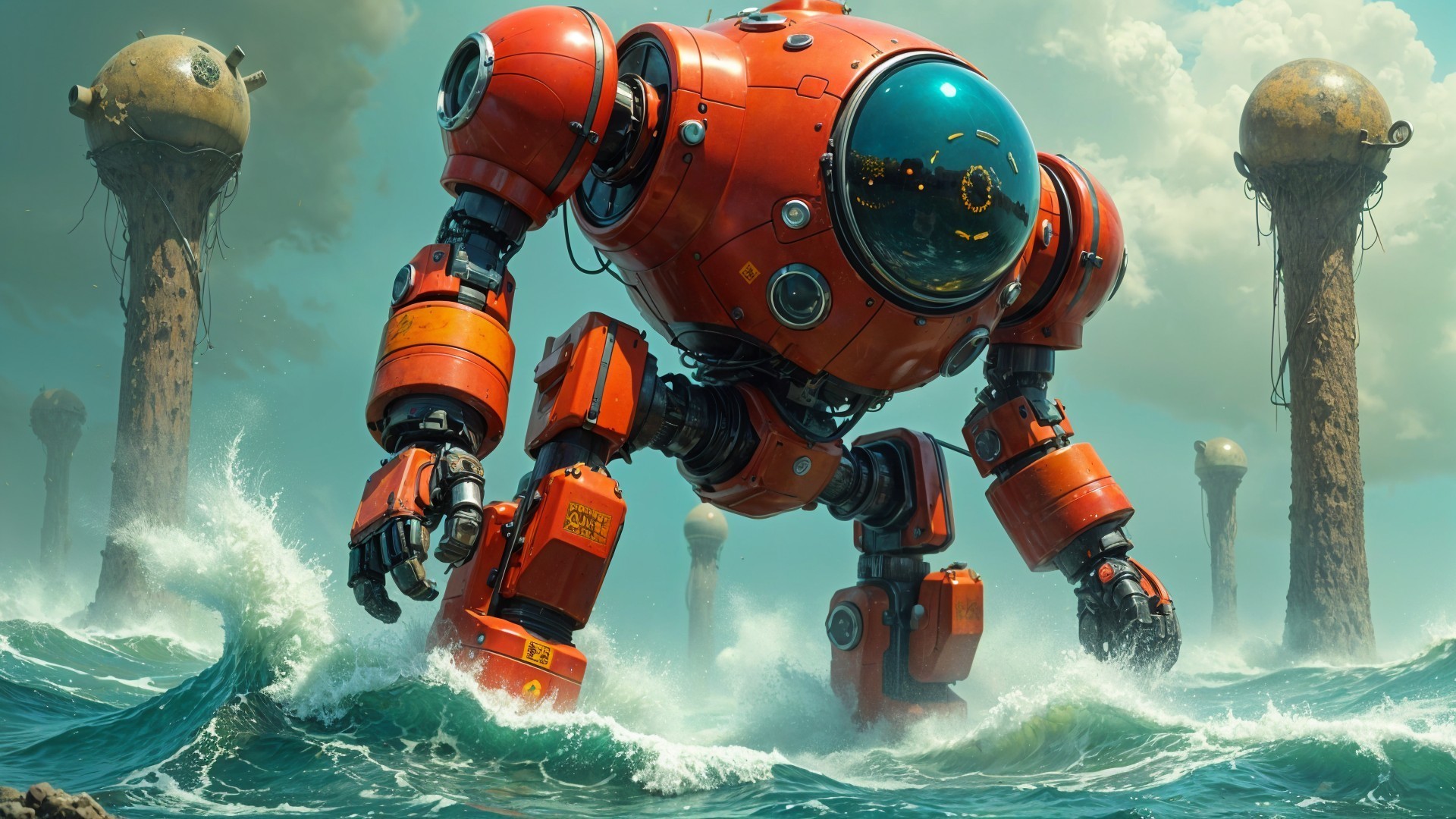 Large Red Robot Amidst Turbulent Ocean Waters