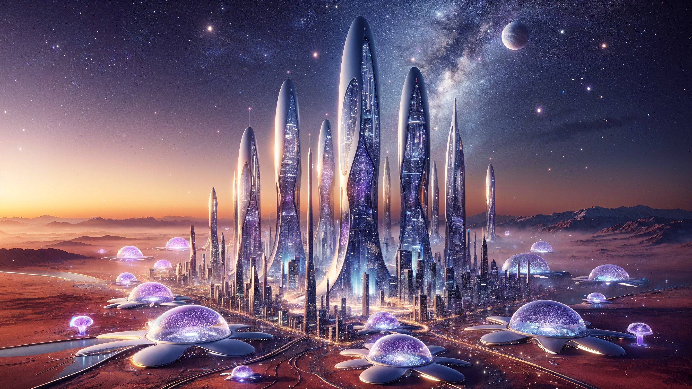 Futuristic cityscape with glowing skyscrapers and flowers
